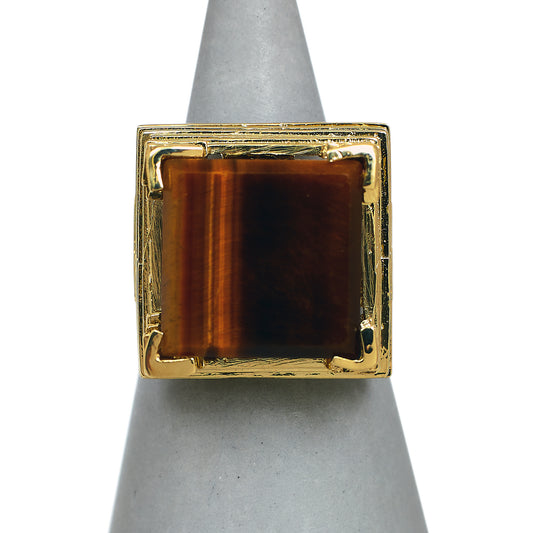 Pre-Owned 14ct Gold Statement Square Tigers Eye Ring Size N