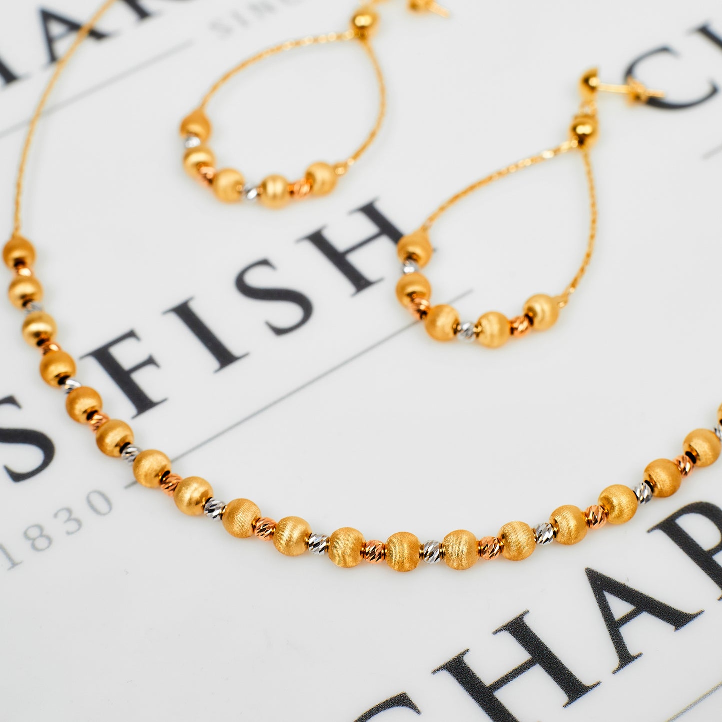 Pre-Owned 18ct Gold Tricolor Bead Necklace & Earring SET