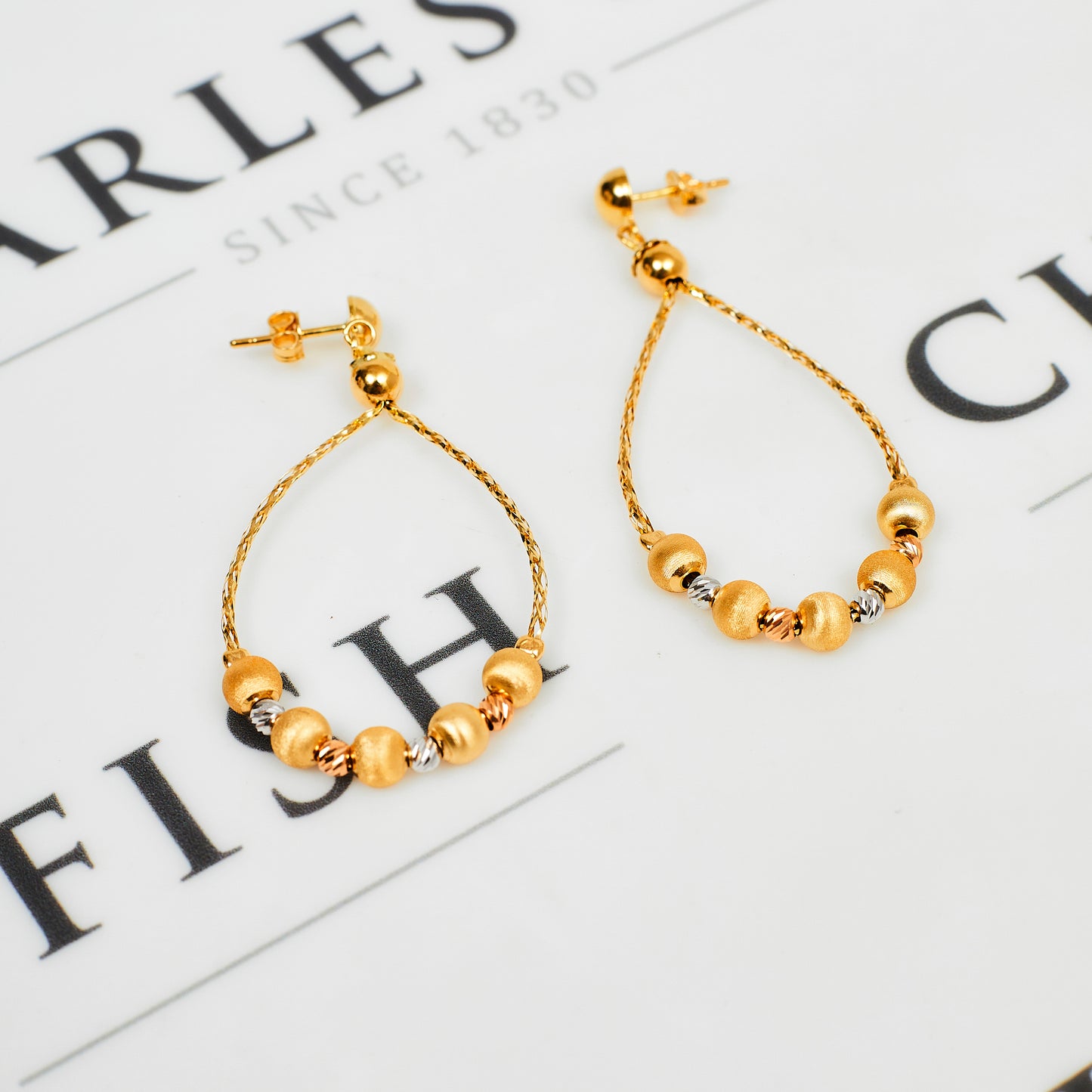 Pre-Owned 18ct Gold Tricolor Bead Necklace & Earring SET