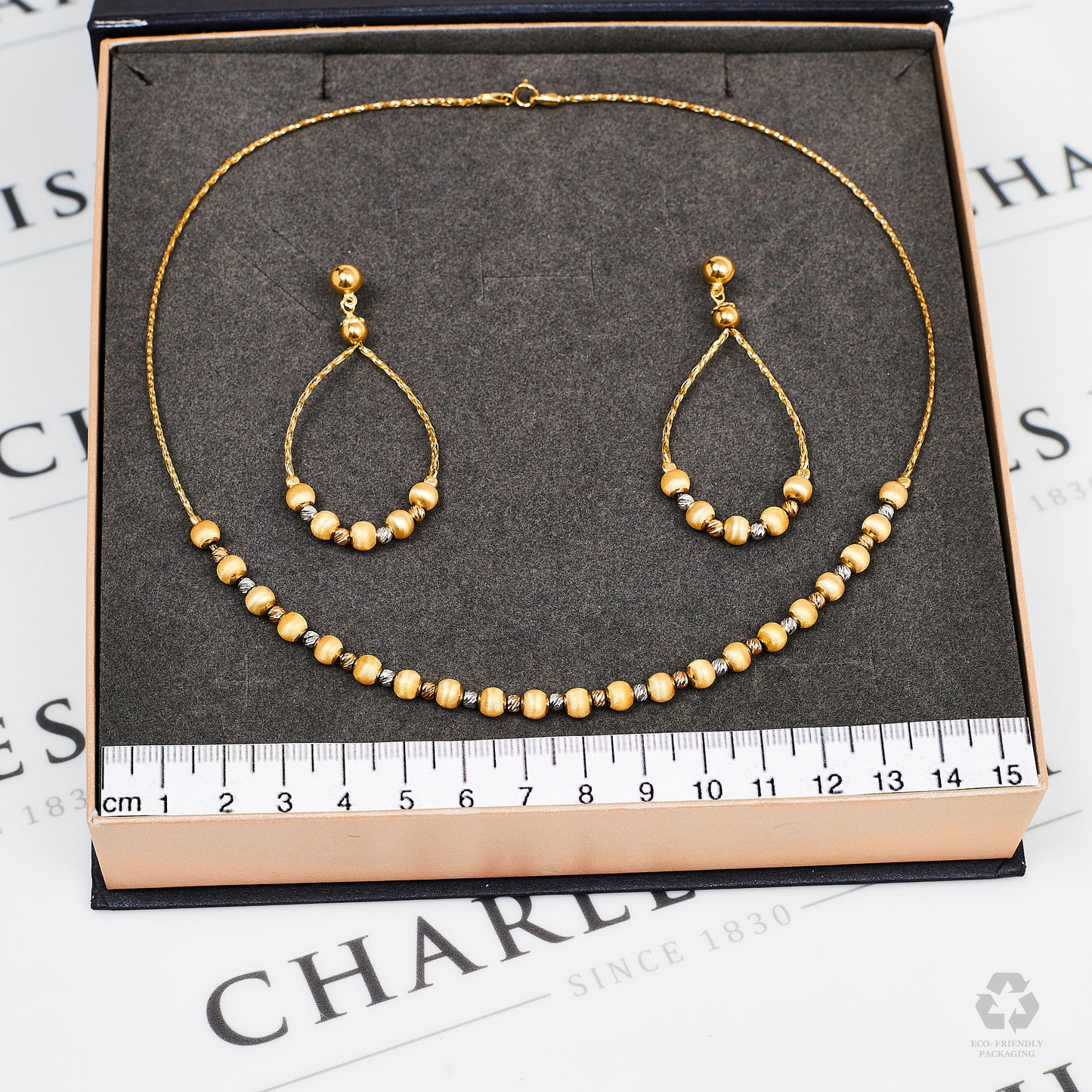 Pre-Owned 18ct Gold Tricolor Bead Necklace & Earring SET