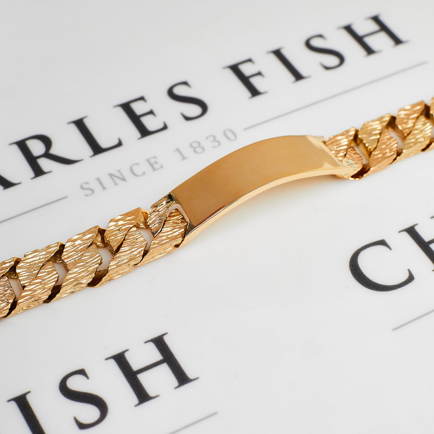 Pre-Owned 9ct Gold ID Plate Barked Curb Chain Bracelet