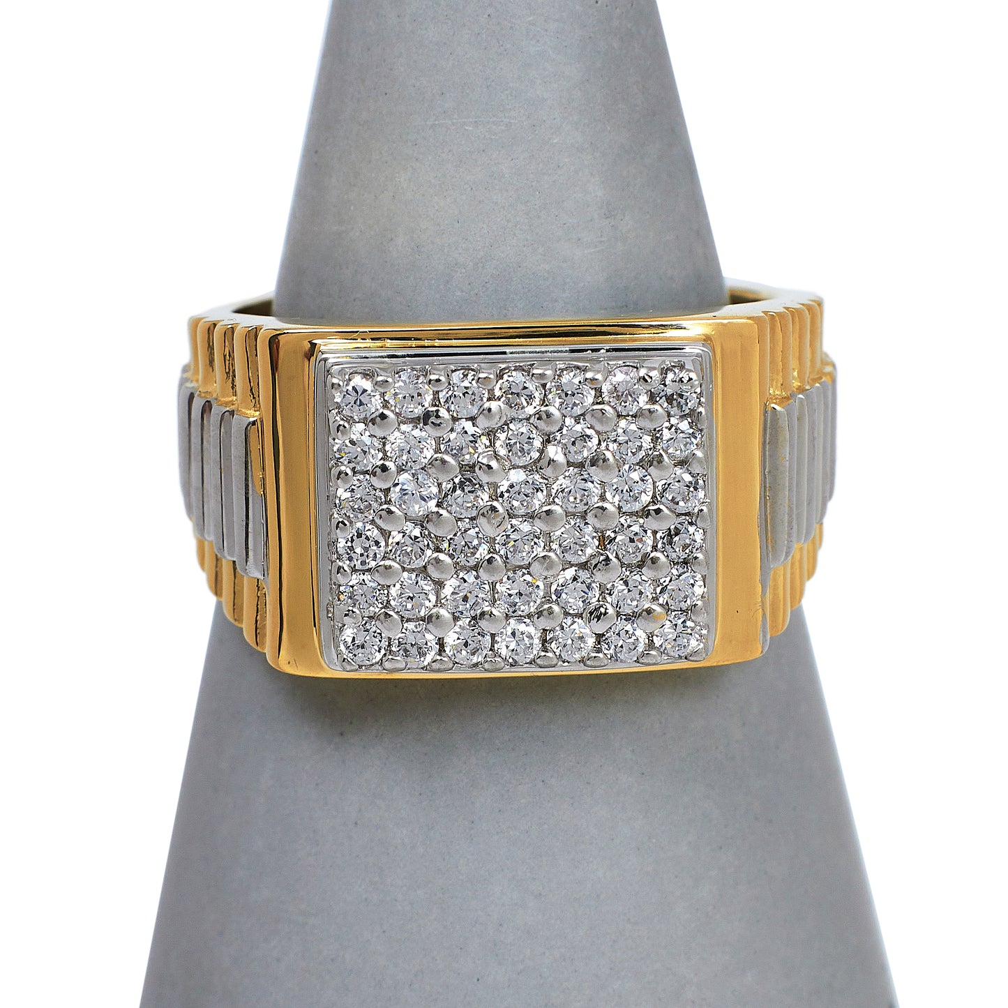 Pre-Owned 9ct Gold Mens 2 Tone CZ Square Signet Ring Size Y