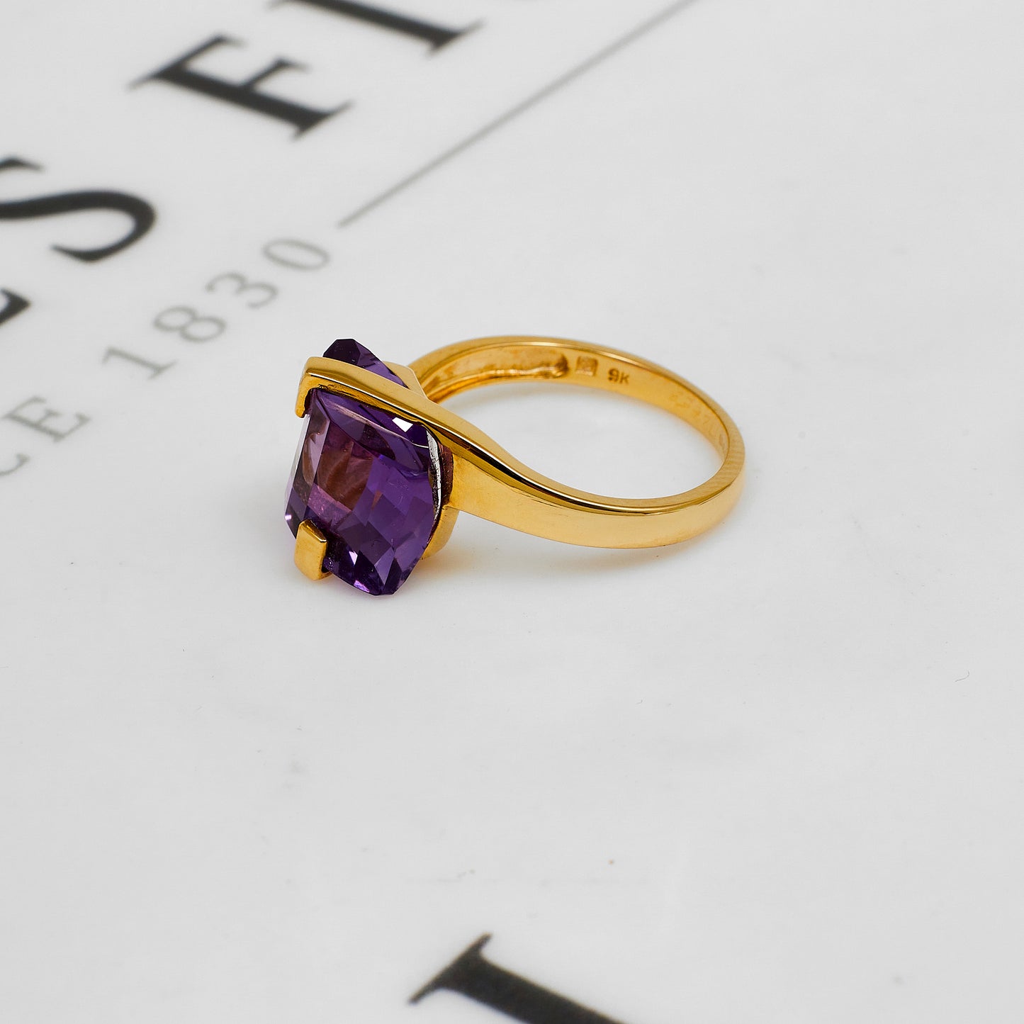 Pre-Owned 9ct Gold Faceted Rectangle Amethyst Ring Size L