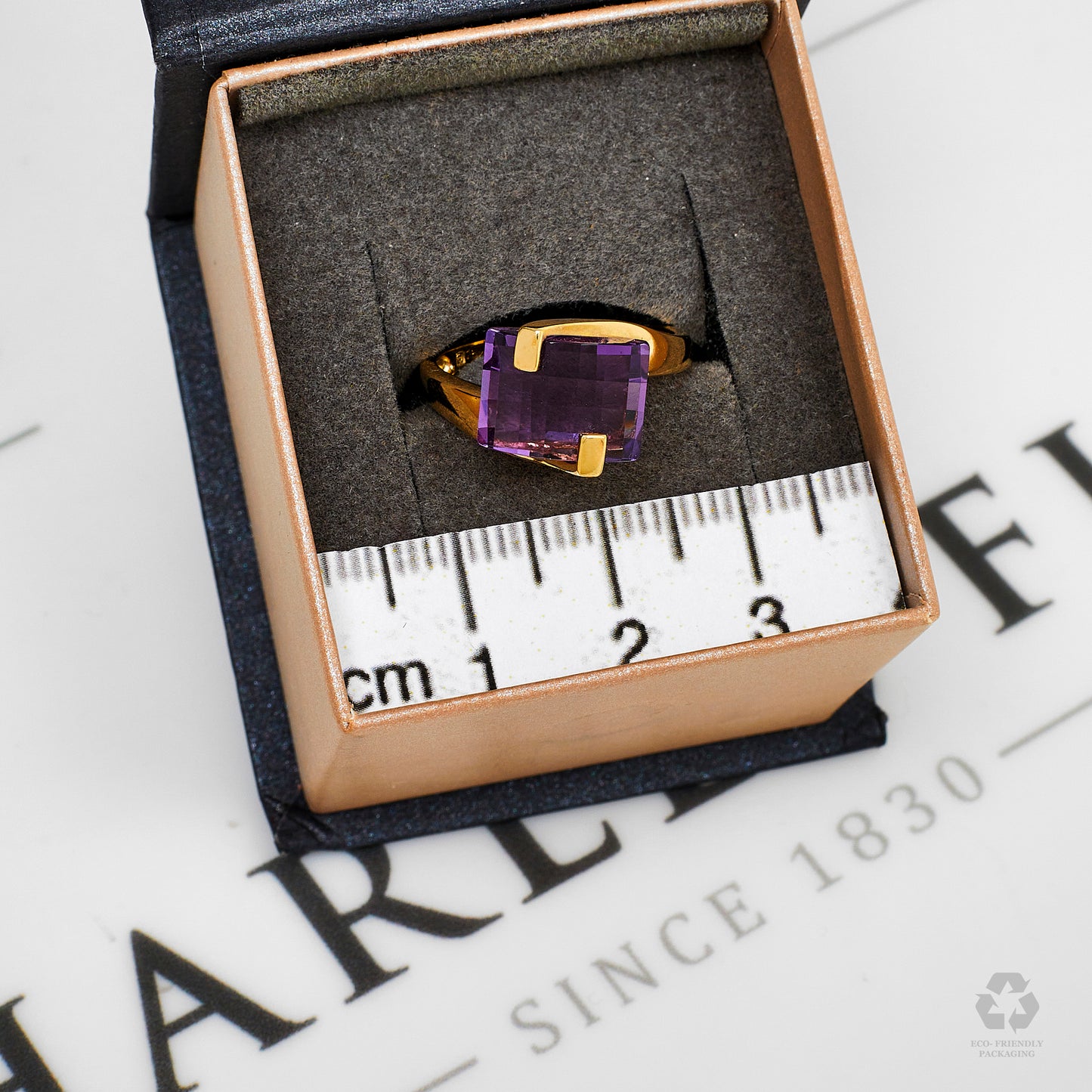 Pre-Owned 9ct Gold Faceted Rectangle Amethyst Ring Size L