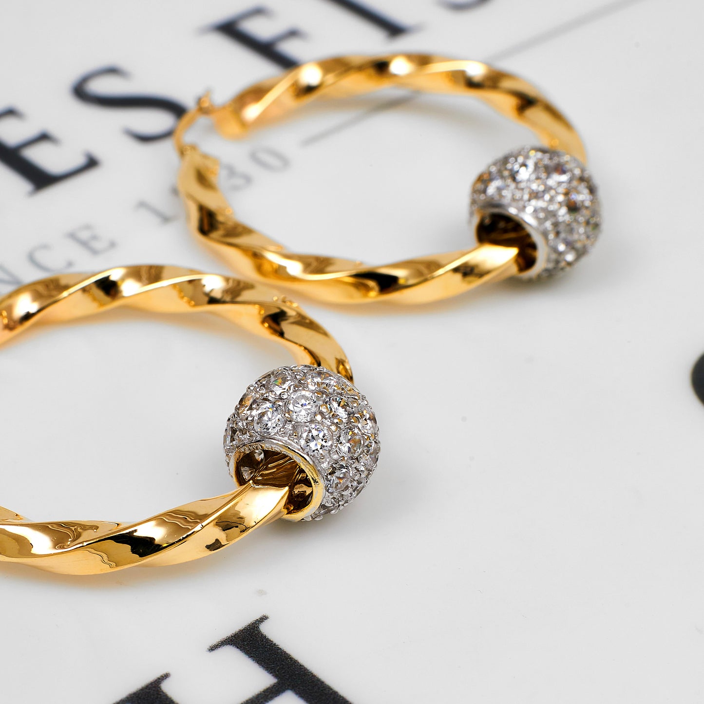 Pre-Owned 9ct Gold 2 Tone Twist Creole Hoops & CZ Beads