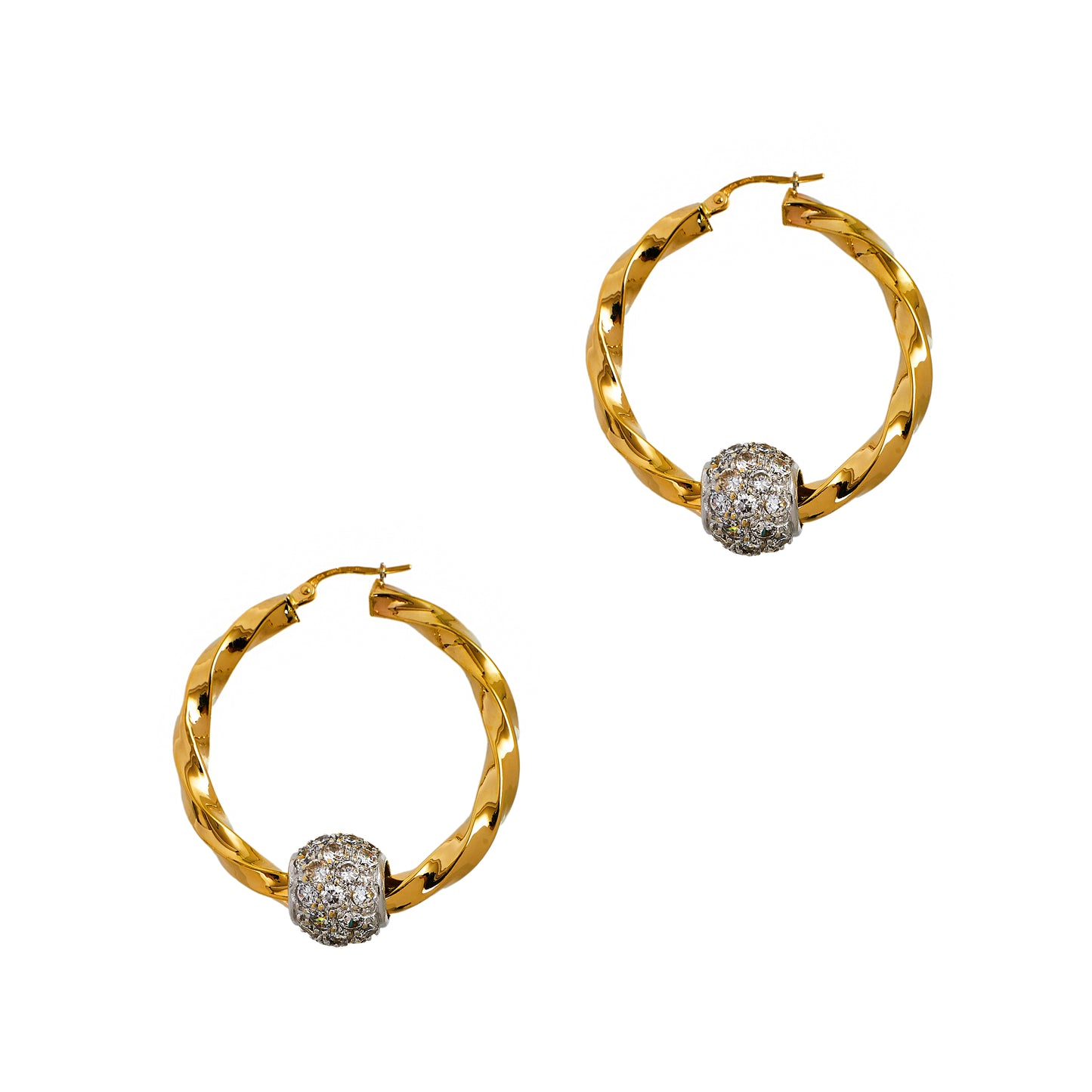 Pre-Owned 9ct Gold 2 Tone Twist Creole Hoops & CZ Beads