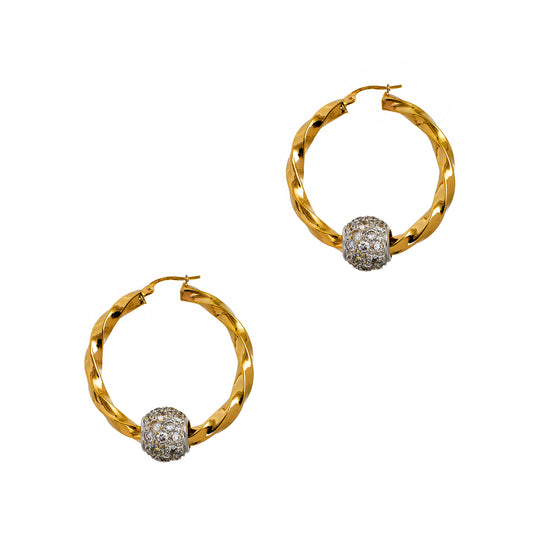 Pre-Owned 9ct Gold 2 Tone Twist Creole Hoops & CZ Beads