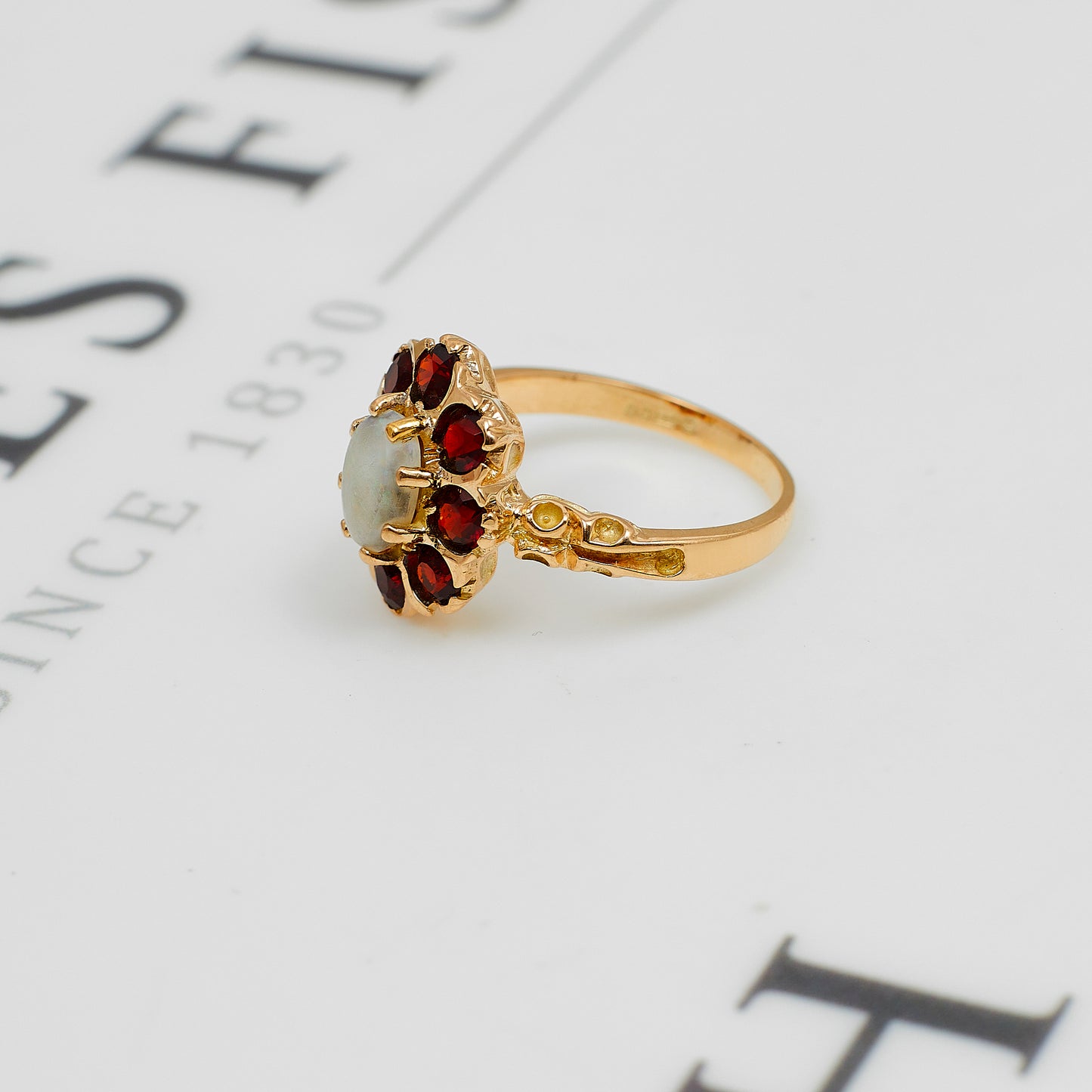 Pre-Owned 9ct Gold Oval Opal & Garnet Cluster Ring Size M.5
