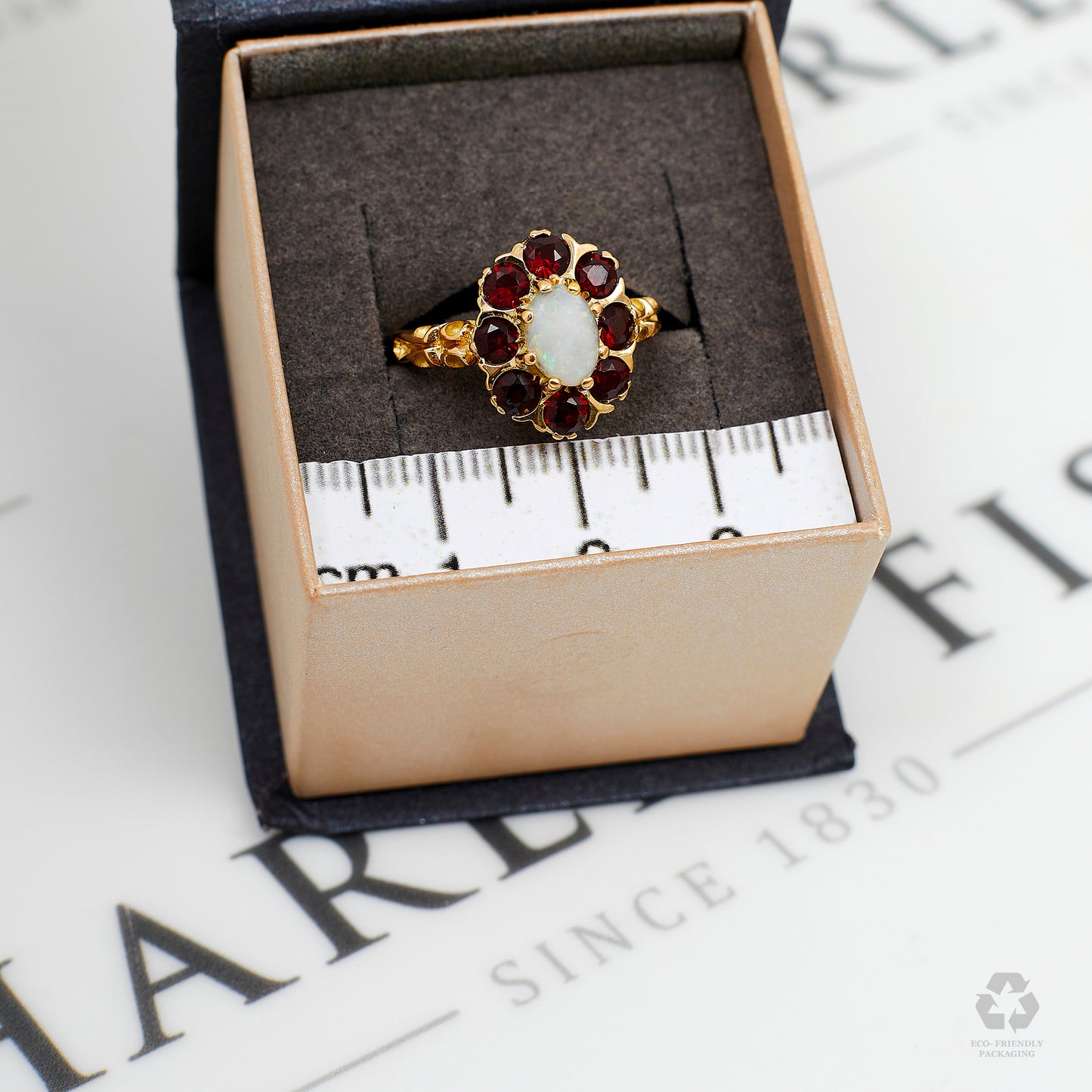 Pre-Owned 9ct Gold Oval Opal & Garnet Cluster Ring Size M.5