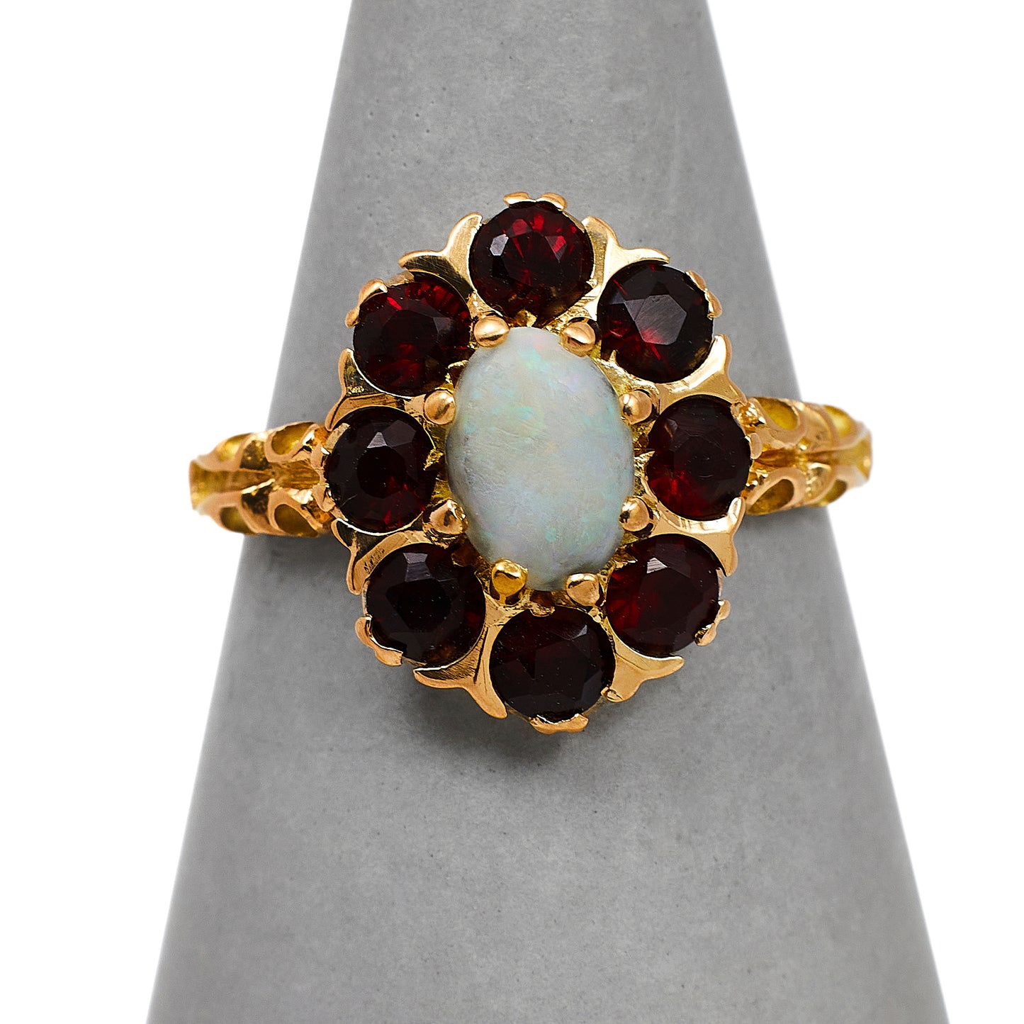 Pre-Owned 9ct Gold Oval Opal & Garnet Cluster Ring Size M.5