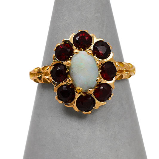 Pre-Owned 9ct Gold Oval Opal & Garnet Cluster Ring Size M.5