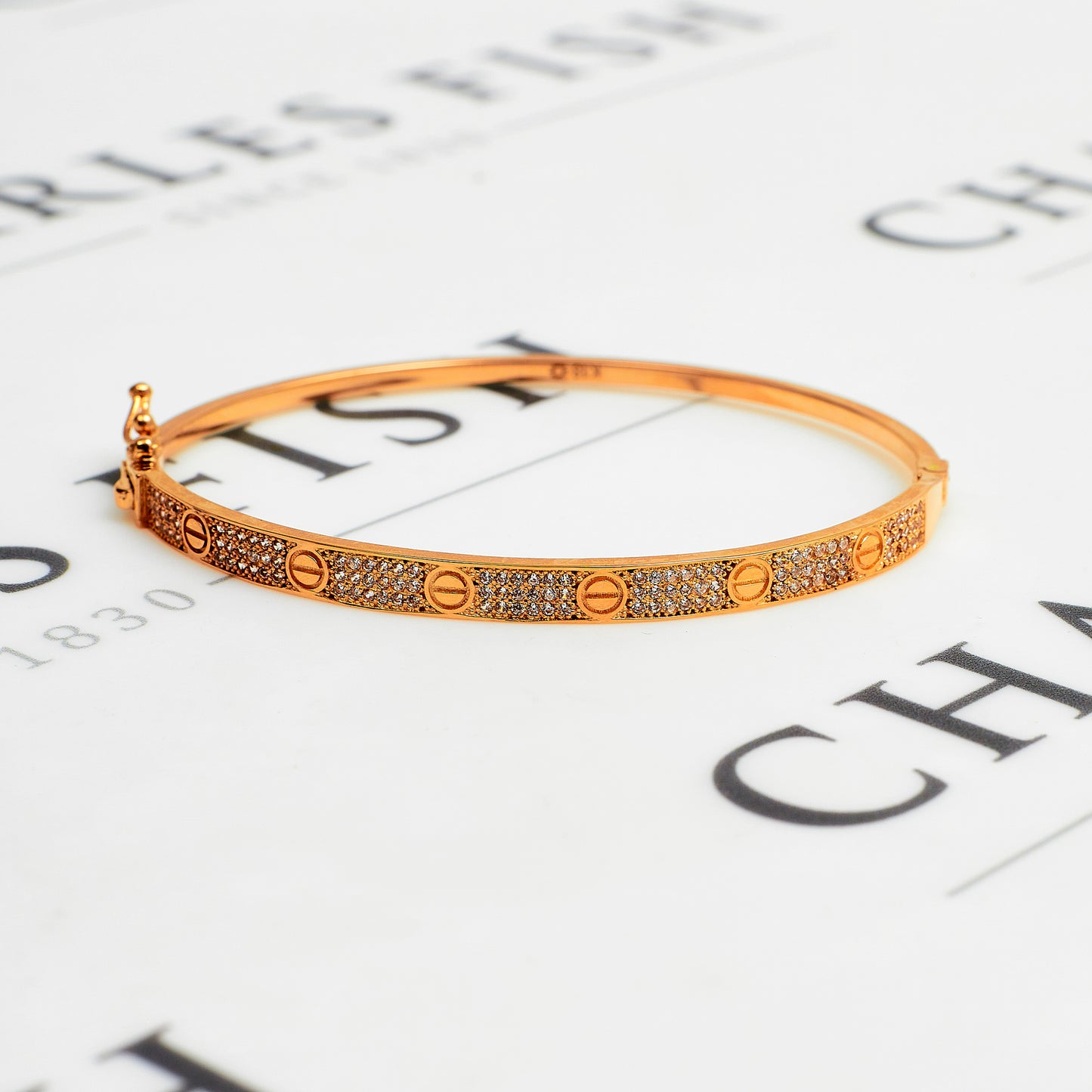 Pre-Owned 18ct Rose Gold CZ Screw Design Hinged Bangle