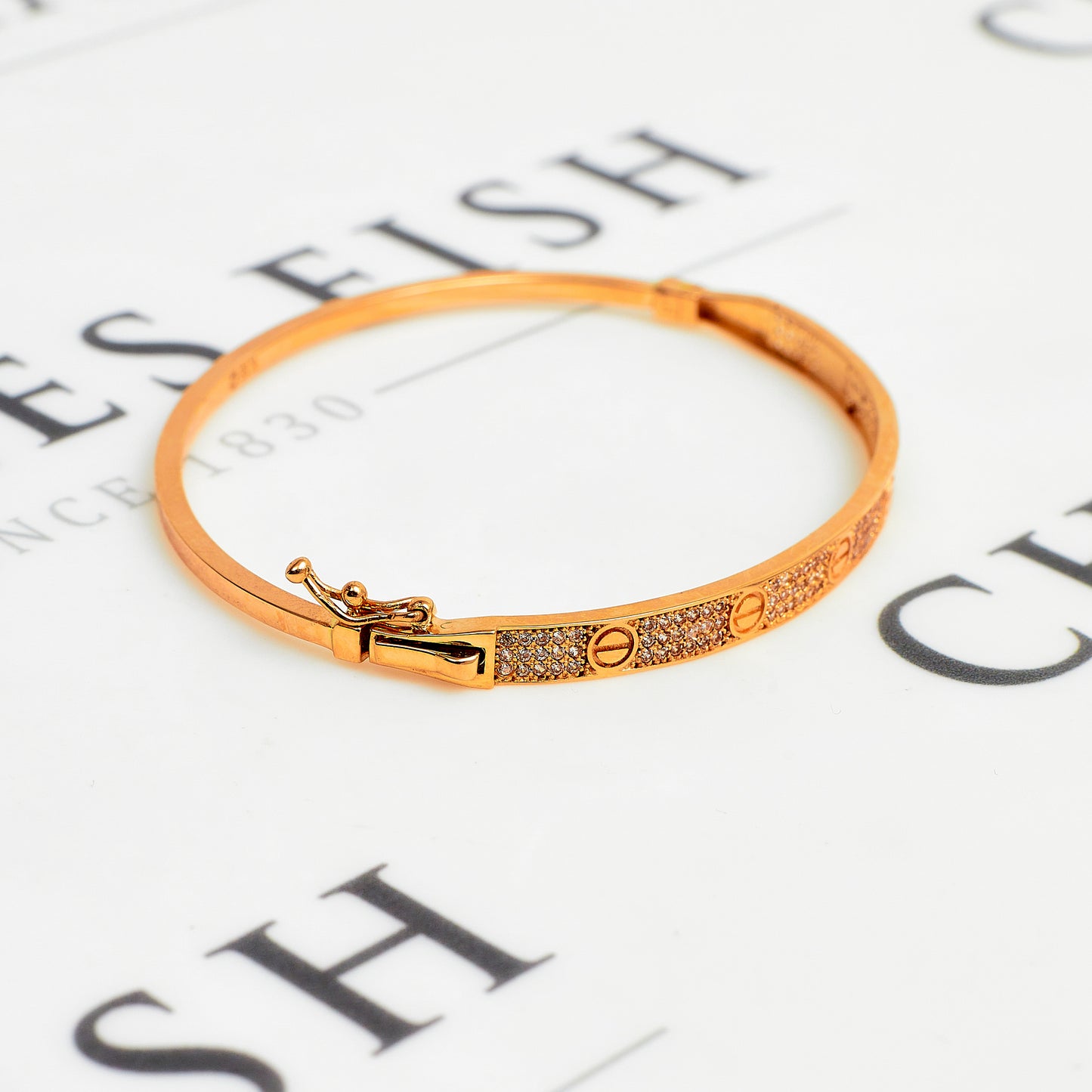 Pre-Owned 18ct Rose Gold CZ Screw Design Hinged Bangle