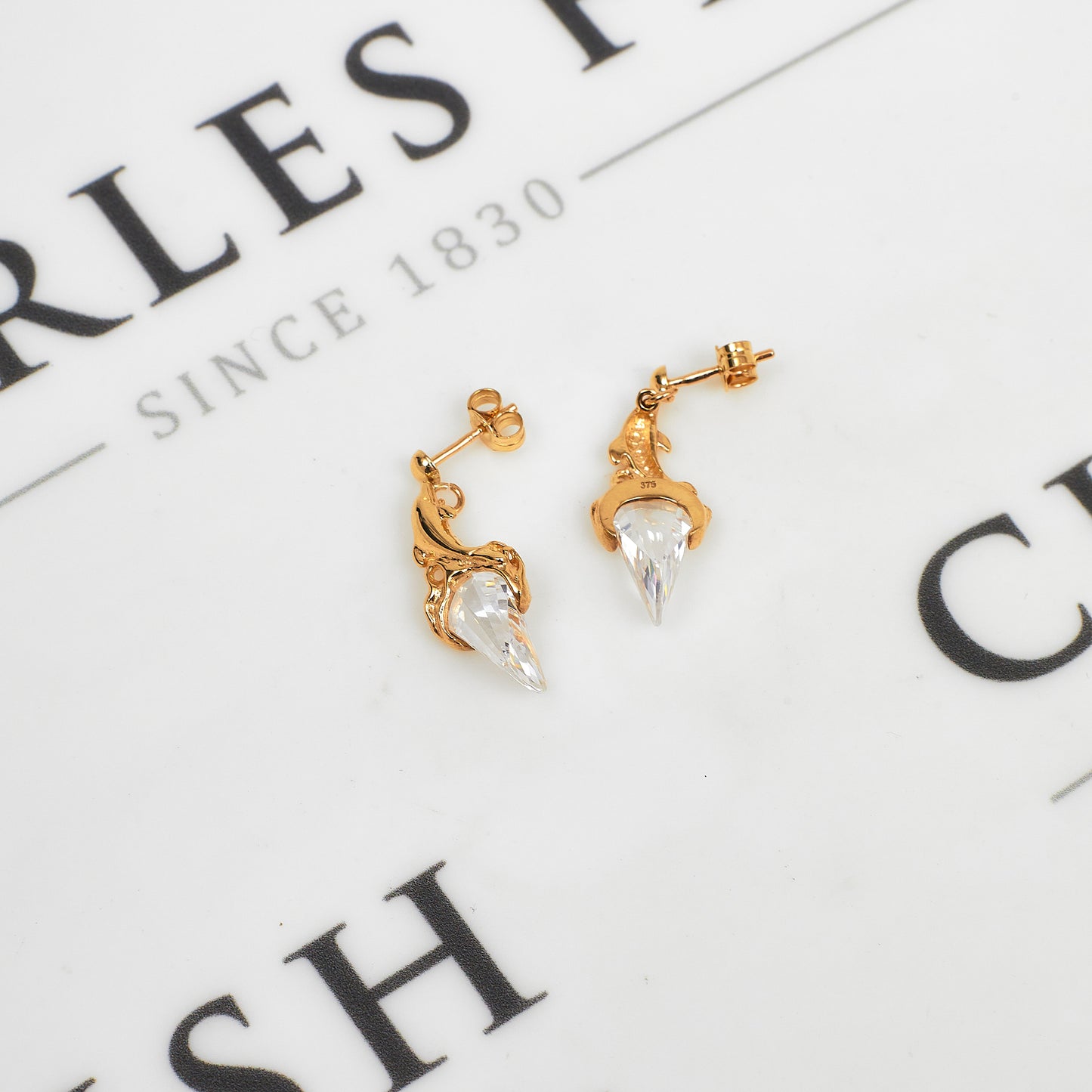 Pre-Owned 9ct Gold Crystal Drop Dolphin Earrings