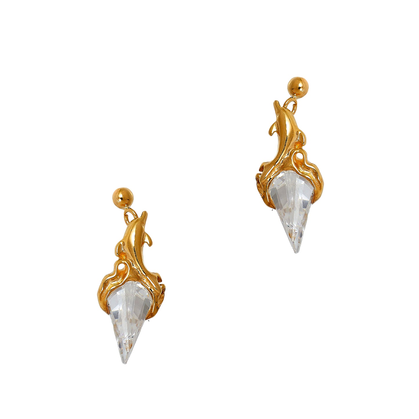 Pre-Owned 9ct Gold Crystal Drop Dolphin Earrings