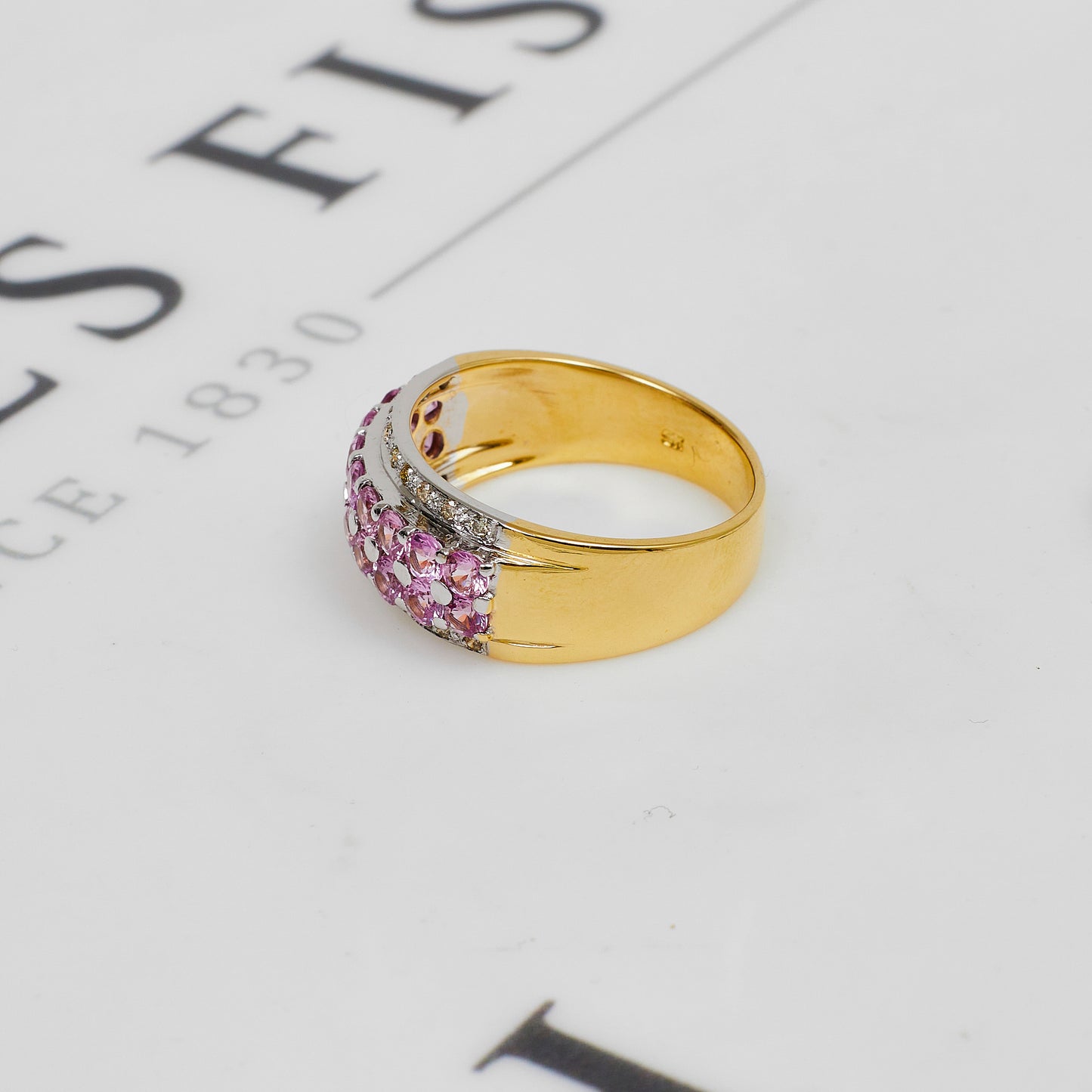 Pre-Owned 9ct Gold 4 Row Diamond & Pink Sapphire Ring Size N