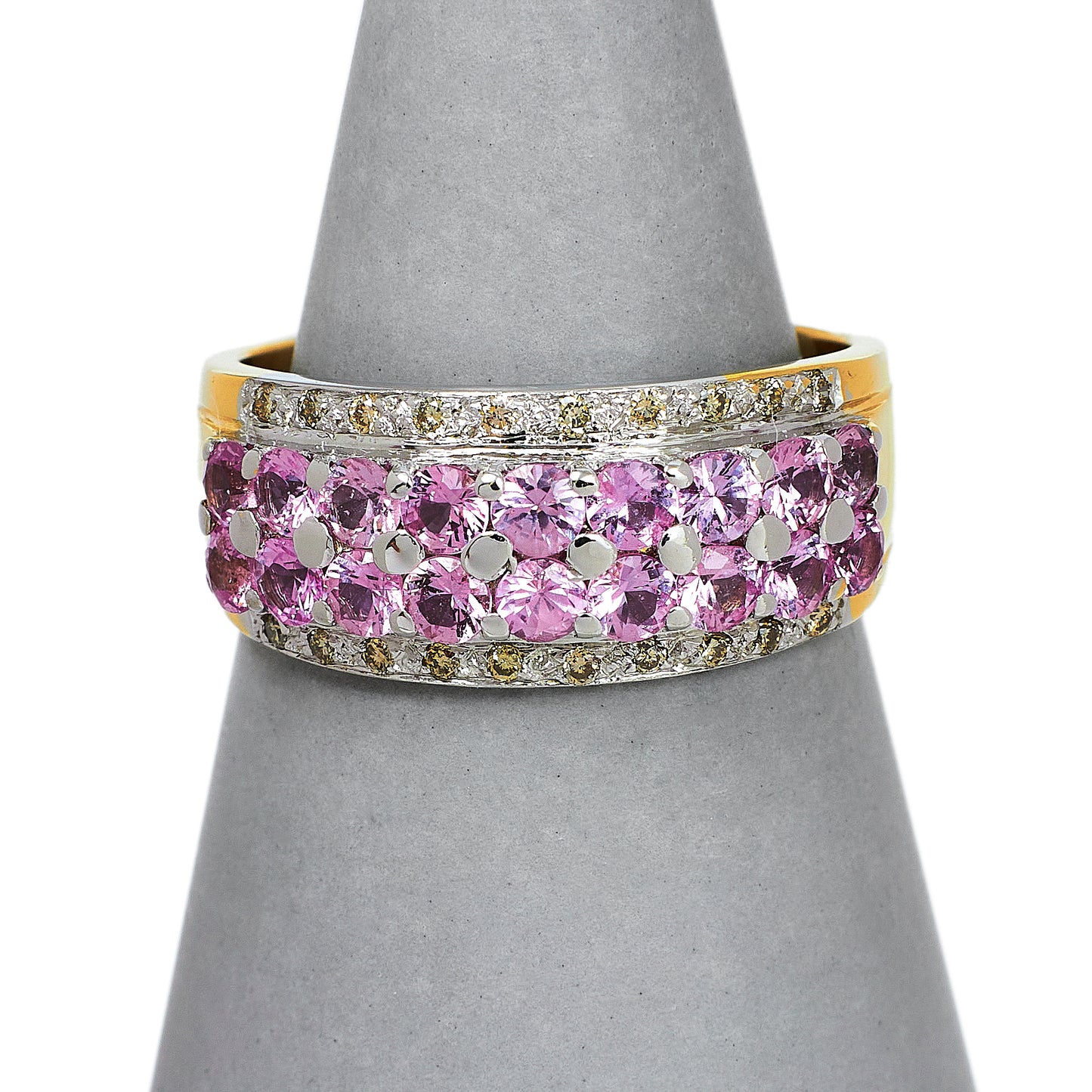 Pre-Owned 9ct Gold 4 Row Diamond & Pink Sapphire Ring Size N