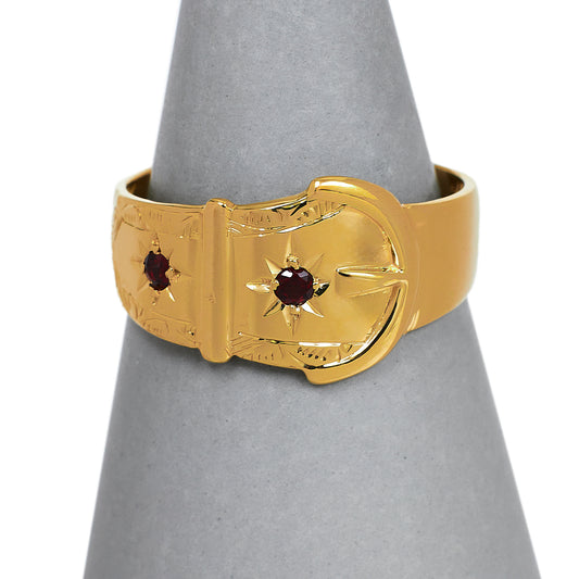 Pre-Owned 9ct Gold 2 Garnet Buckle Ring Size U