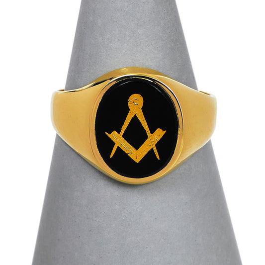 Pre-Owned 9ct Gold Masonic Square & Compass Onyx Signet Ring