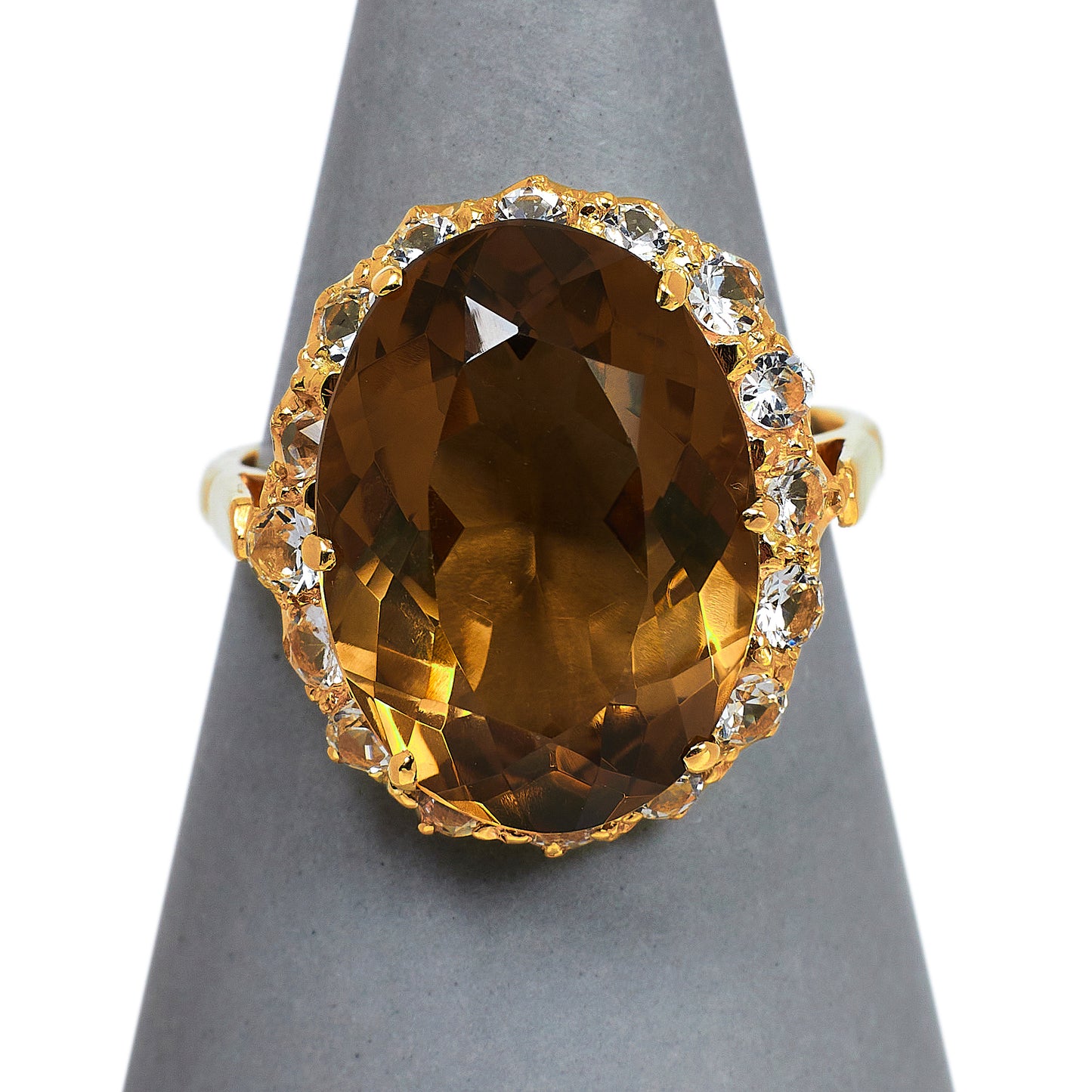 Pre-Owned 9ct Gold Oval Smokey Quartz & CZ Cluster Ring