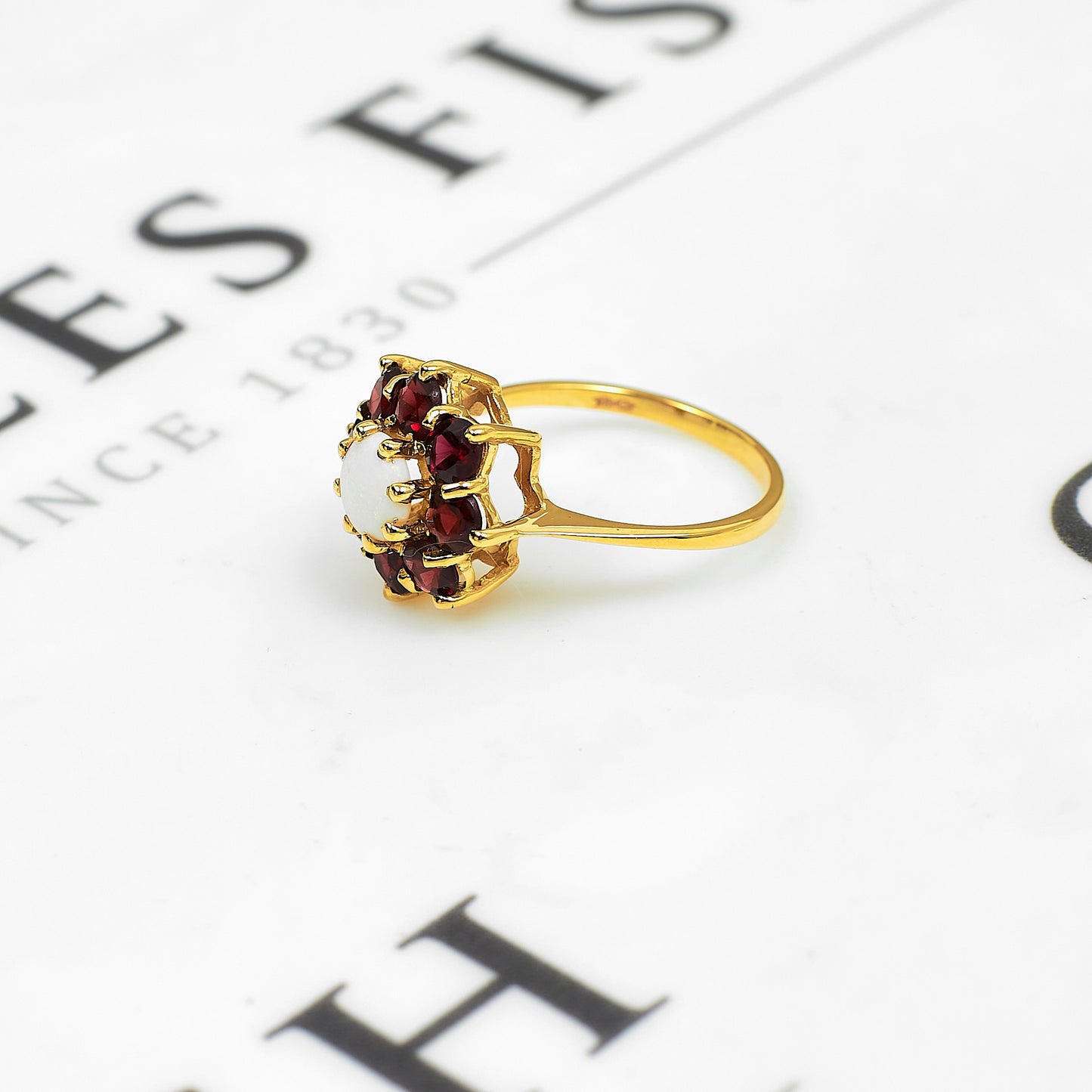 Pre-Owned 9ct Gold Garnet & Oval Opal Cluster Ring Size P