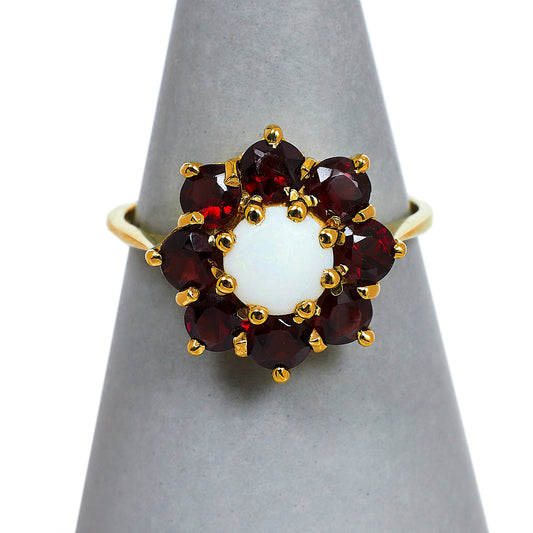 Pre-Owned 9ct Gold Garnet & Oval Opal Cluster Ring Size P