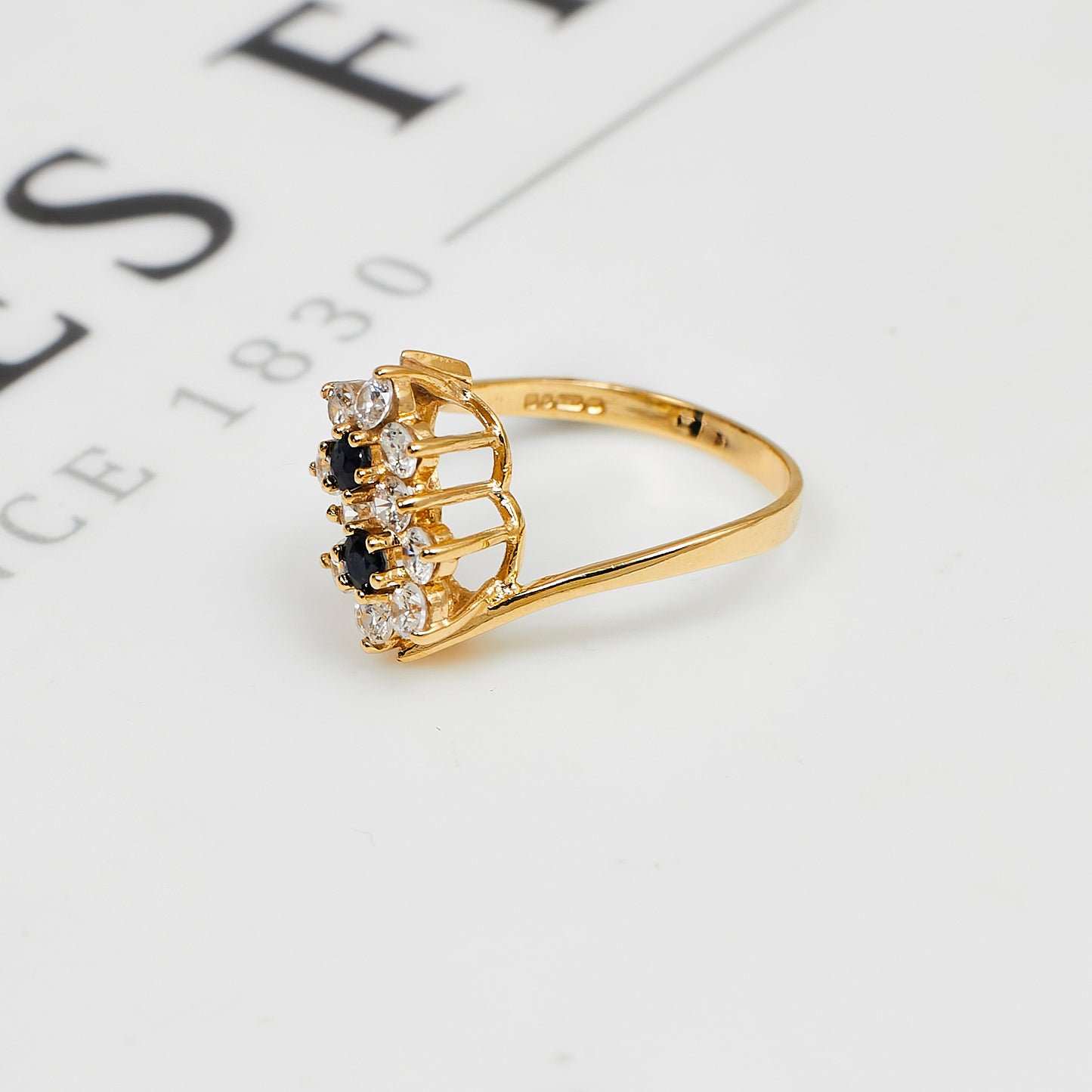 Pre-Owned 9ct Gold Sapphire & CZ Double Cluster Ring Size K.5