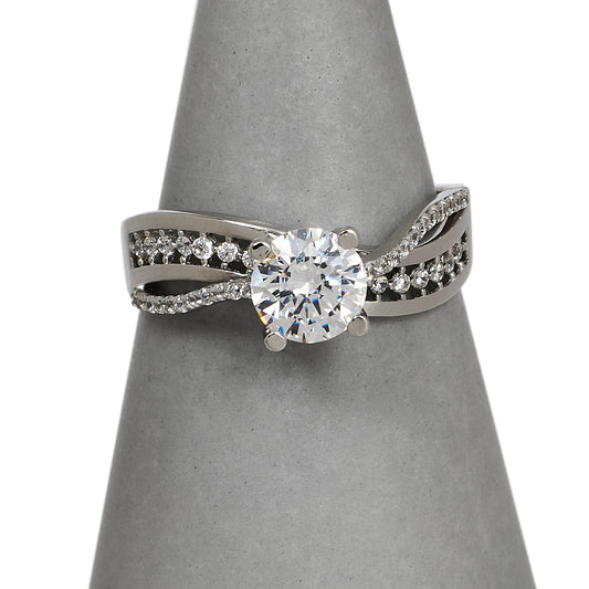 Pre-Owned 14ct White Gold CZ Ring & Wave Sides Size N.5