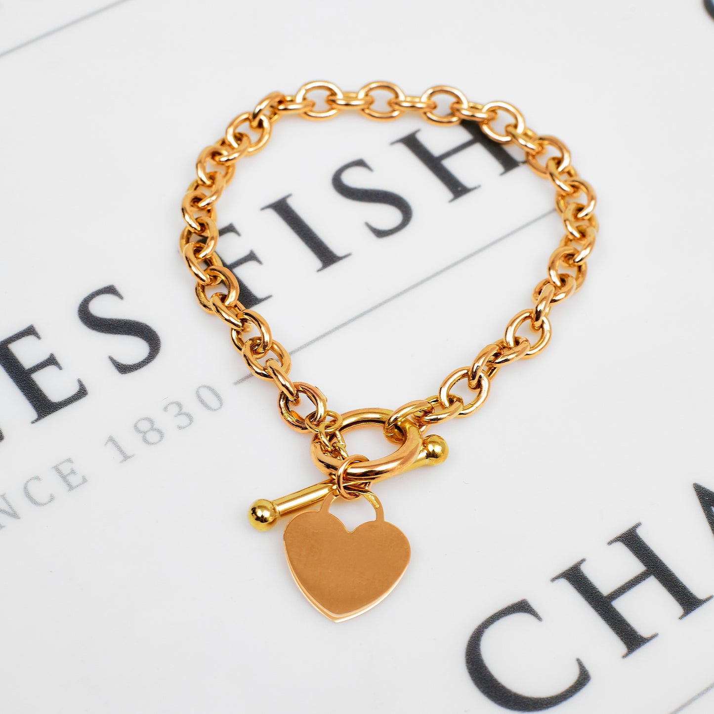 Pre-Owned 9ct Gold Oval Link Bracelet & Heart Tag & T Bar