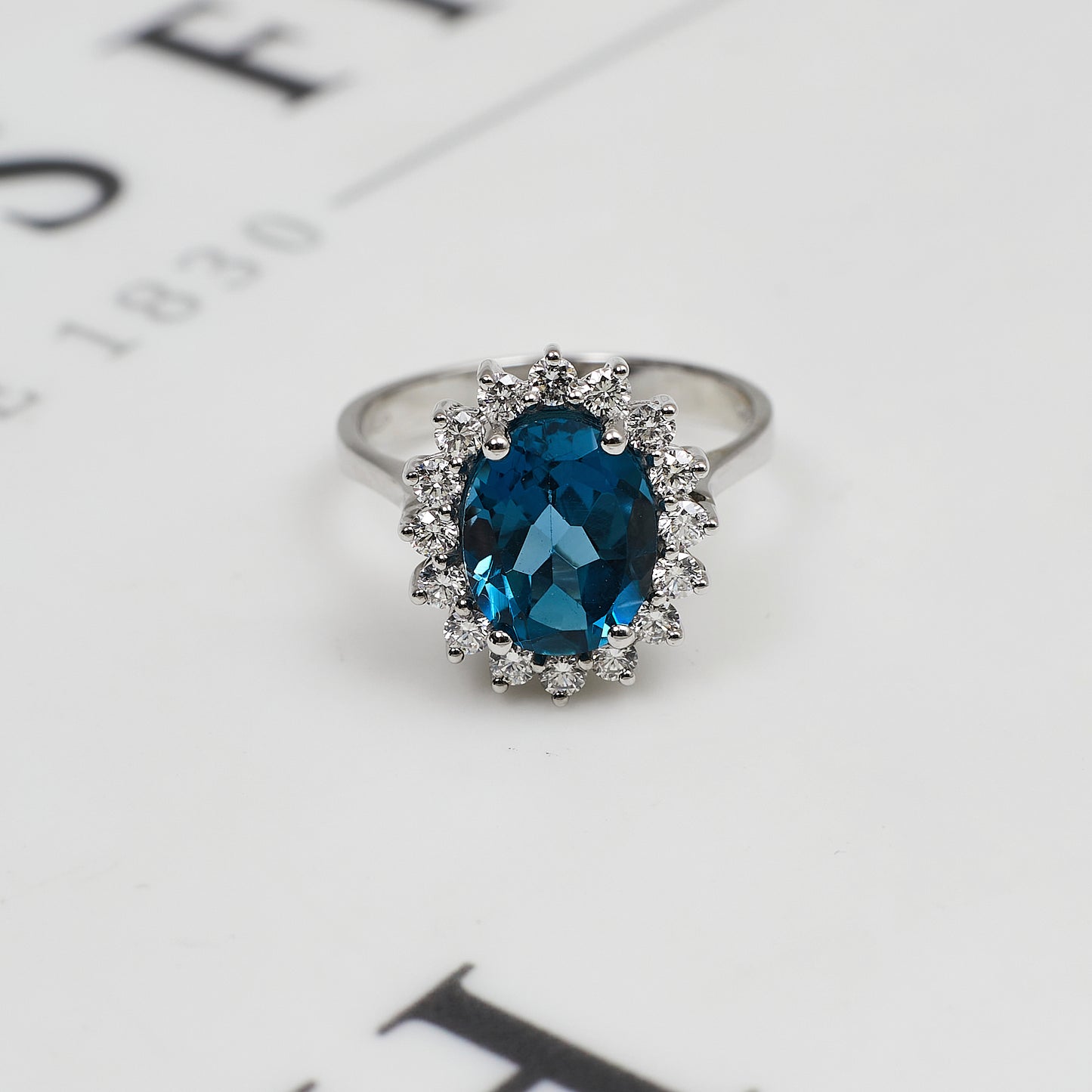 Pre-Owned 18ct White Gold Blue Topaz & Diamond Cluster Ring