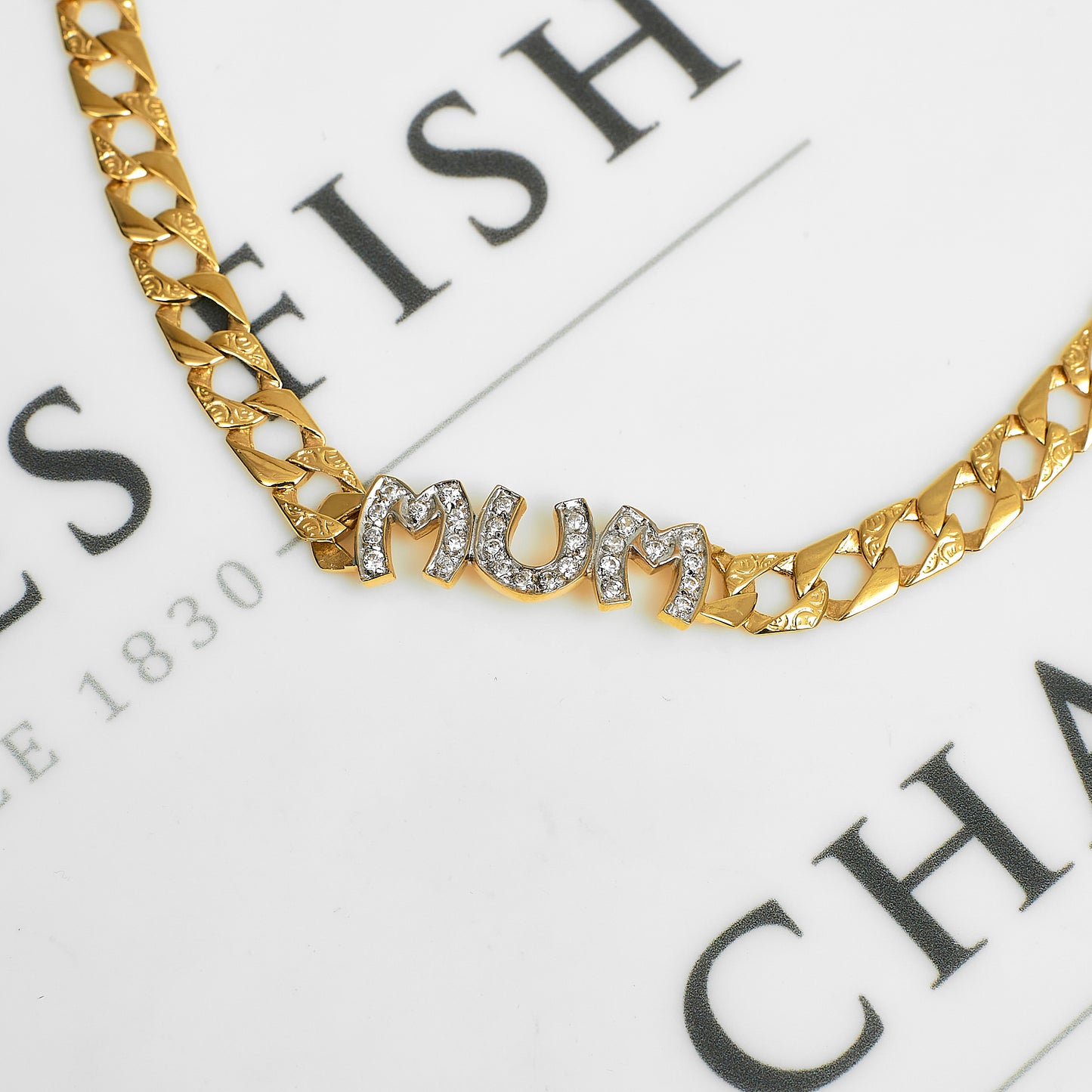 Pre-Owned 9ct Gold CZ MUM Curb Bracelet