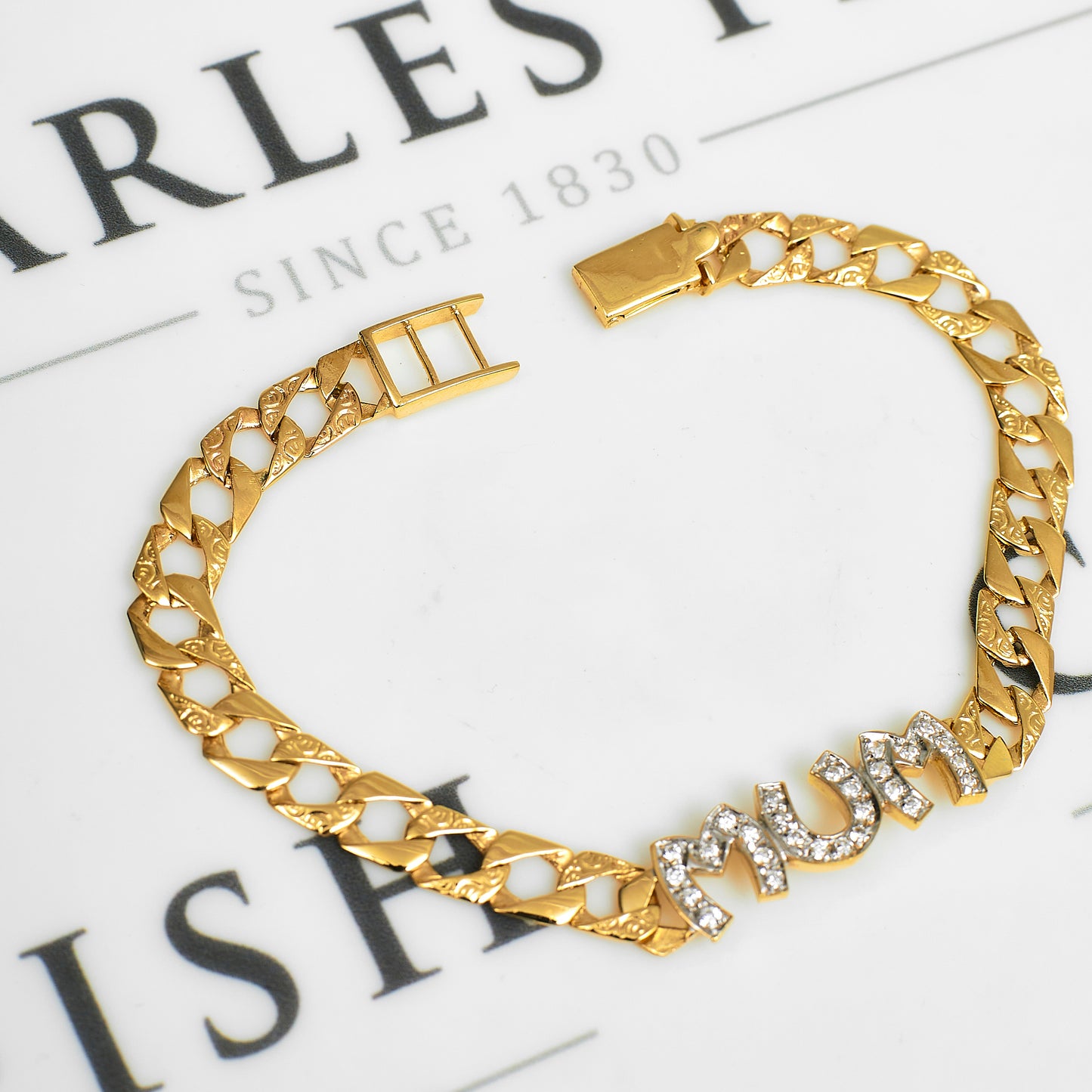 Pre-Owned 9ct Gold CZ MUM Curb Bracelet