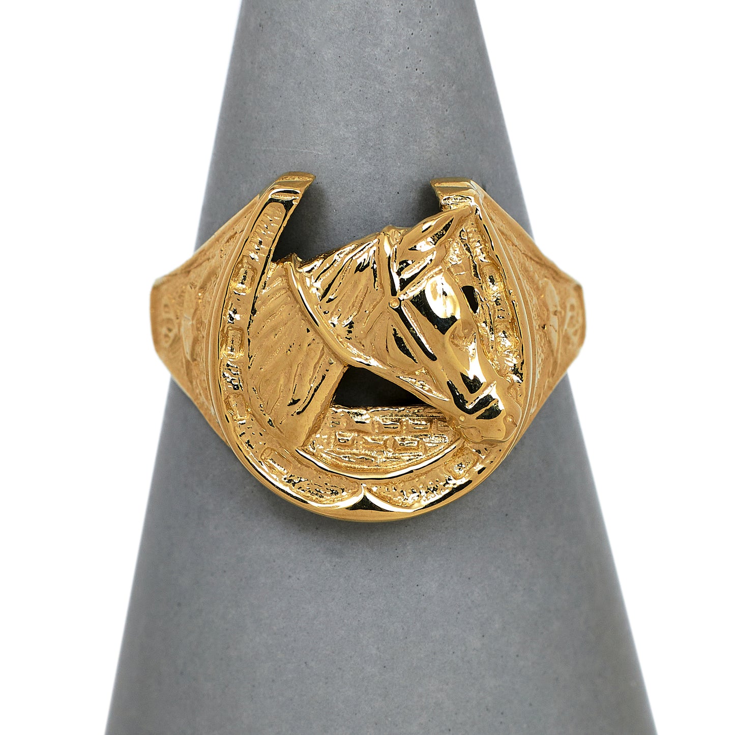 Pre-Owned 9ct Gold Mens Horse Head & Horseshoe Ring Size V