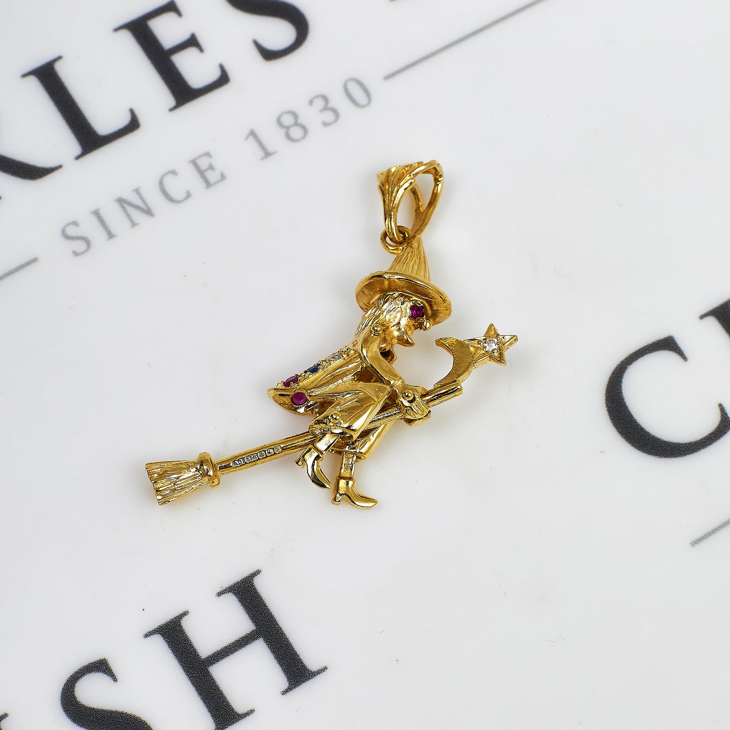 Pre-Owned 9ct Gold & Synthetic Stone Witch On Broom Pendant