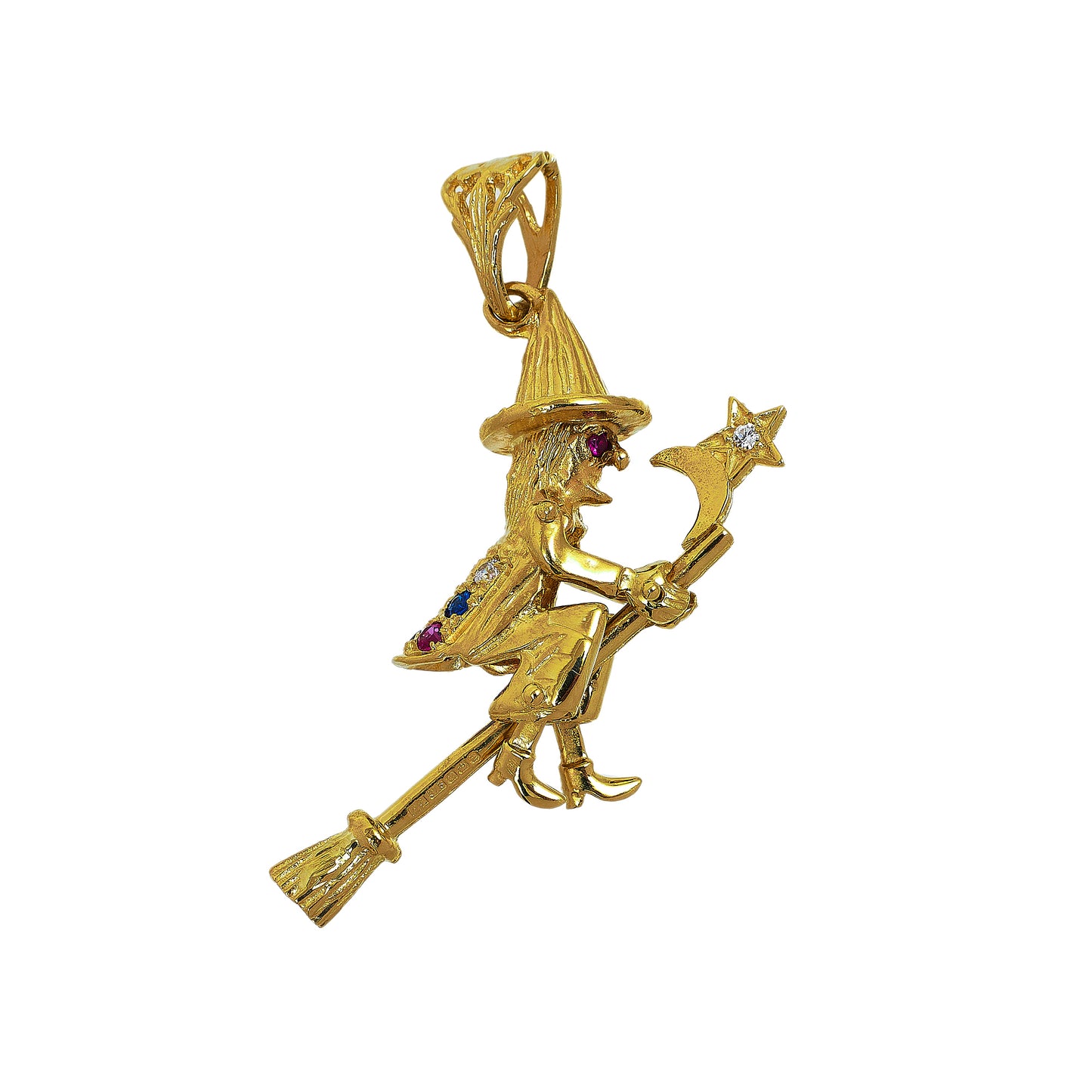 Pre-Owned 9ct Gold & Synthetic Stone Witch On Broom Pendant