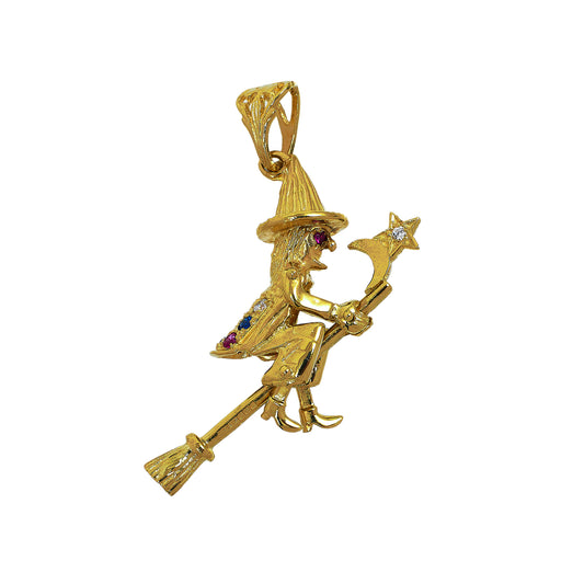 Pre-Owned 9ct Gold & Synthetic Stone Witch On Broom Pendant