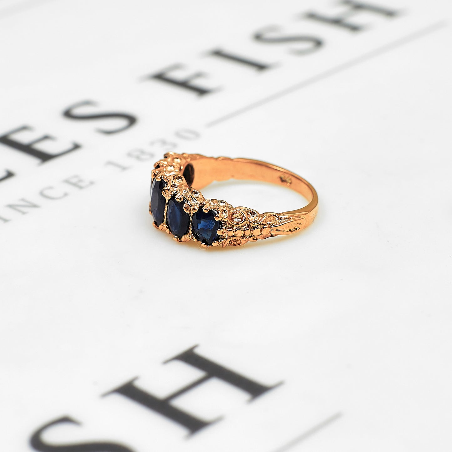 Pre-Owned 9ct Rose Gold Textured 5 Sapphire Ring Size O