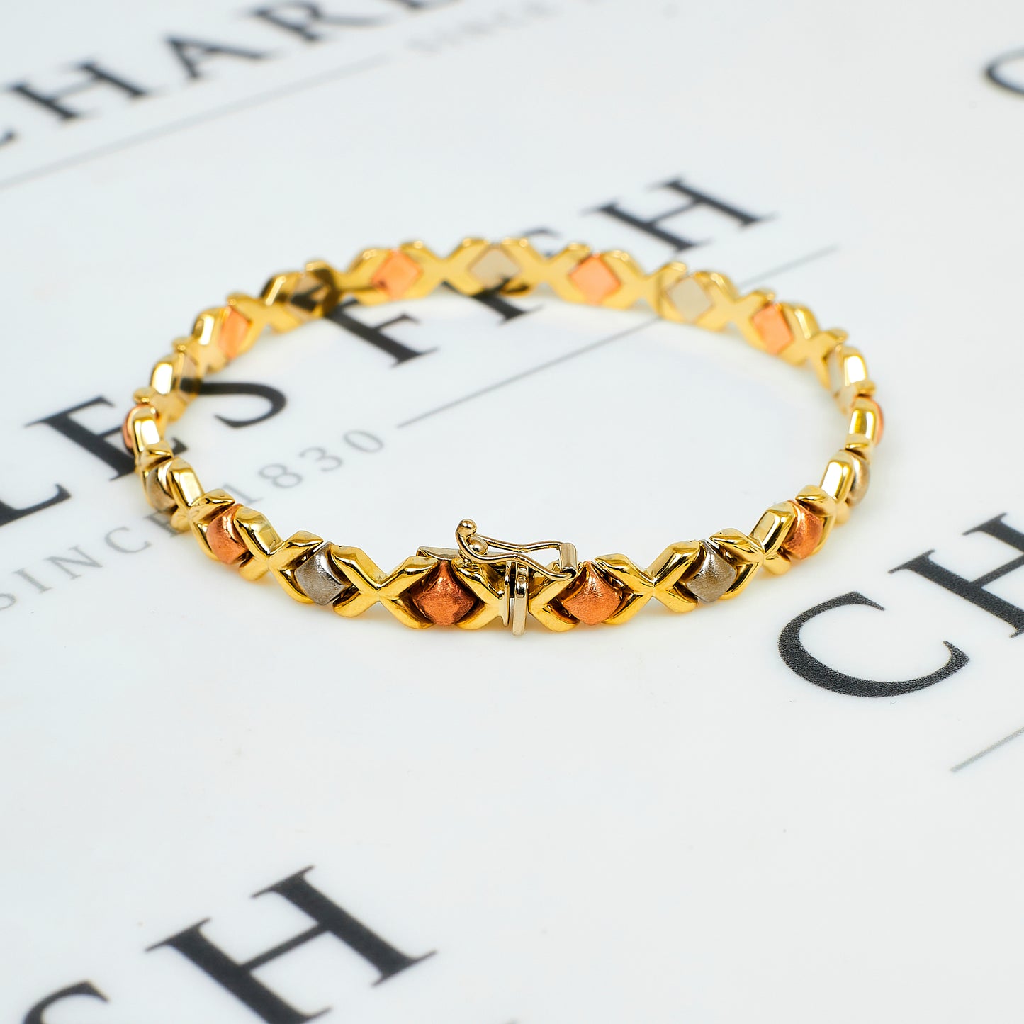 Pre-Owned 9ct Gold Tricolour XO Link Bracelet