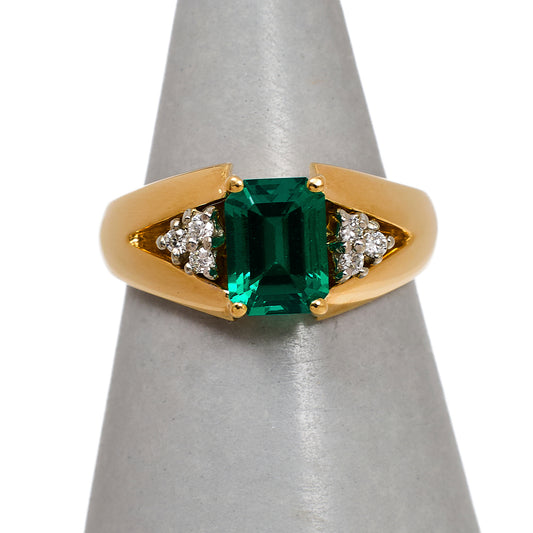Pre-Owned 14ct Gold Synthetic Emerald & Diamond Ring Size L.5