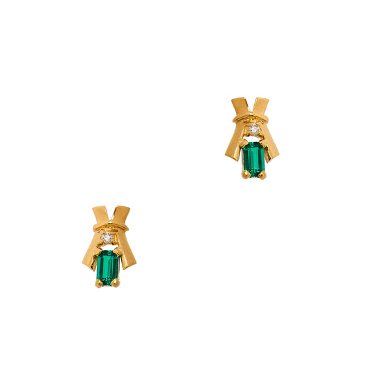 Pre-Owned 14ct Gold Synthetic Emerald & Diamond Earrings