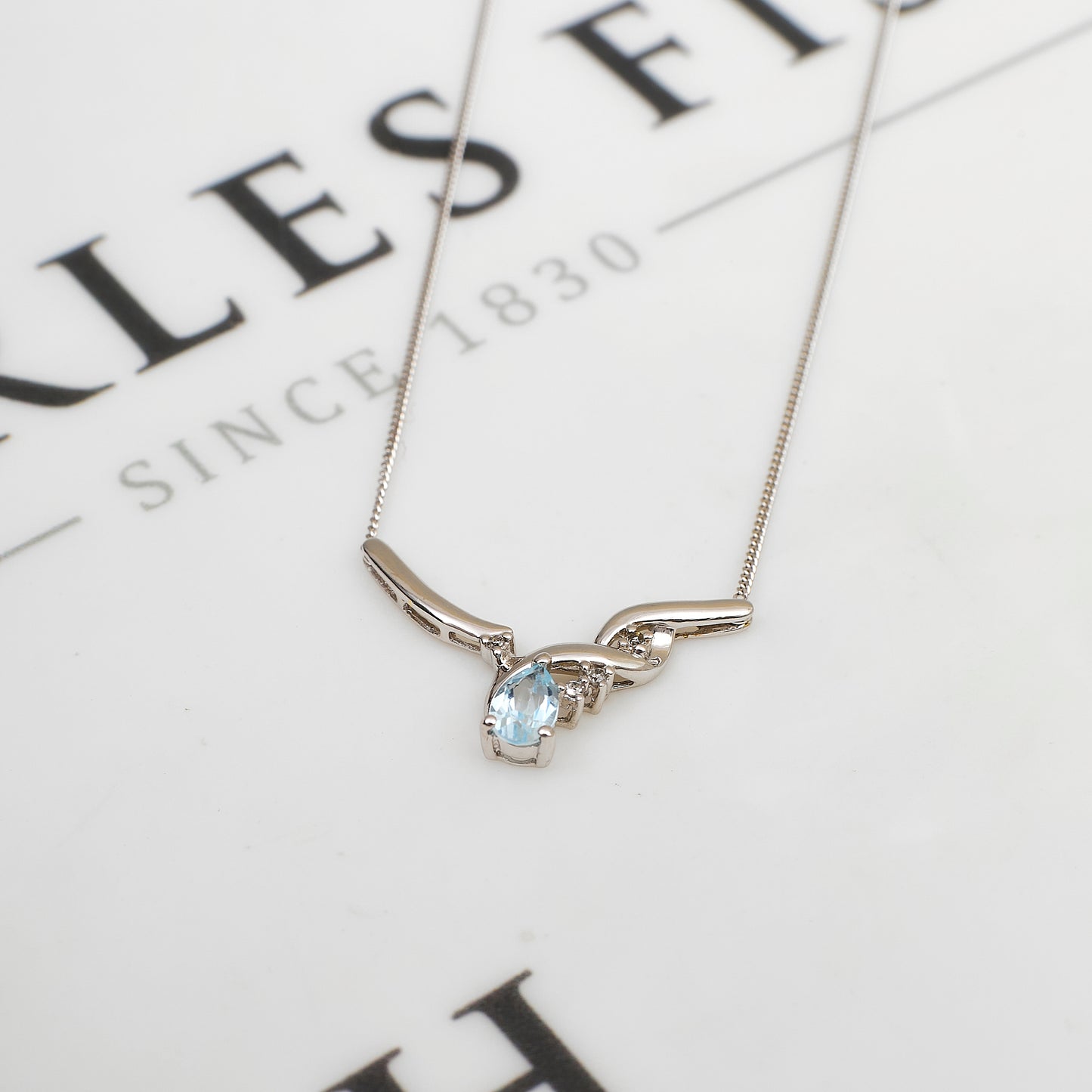 Pre-Owned 9ct White Gold Pear Cut Topaz & Diamond Necklace