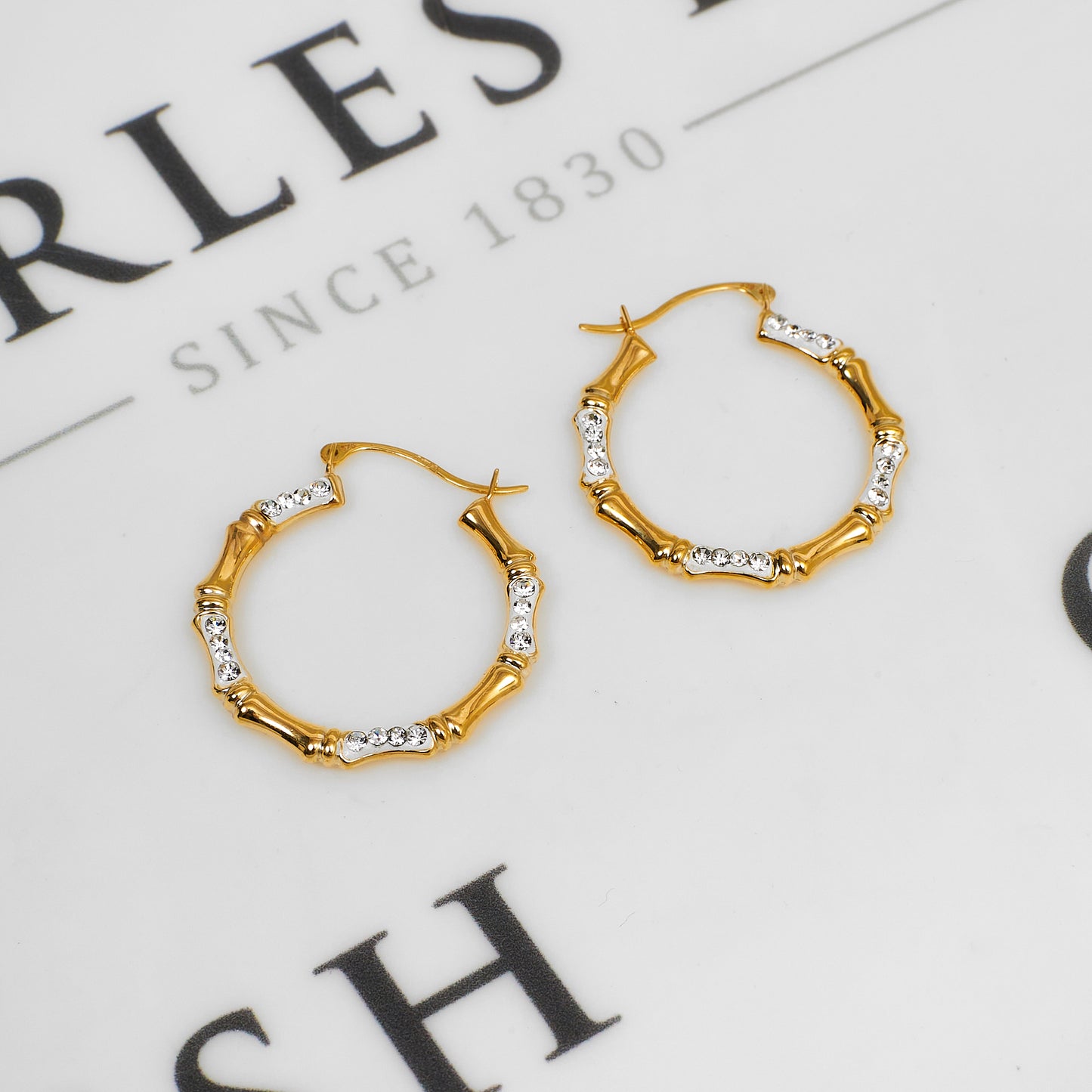 Pre-Owned 9ct Gold Crystal Bamboo Design Creole Earrings