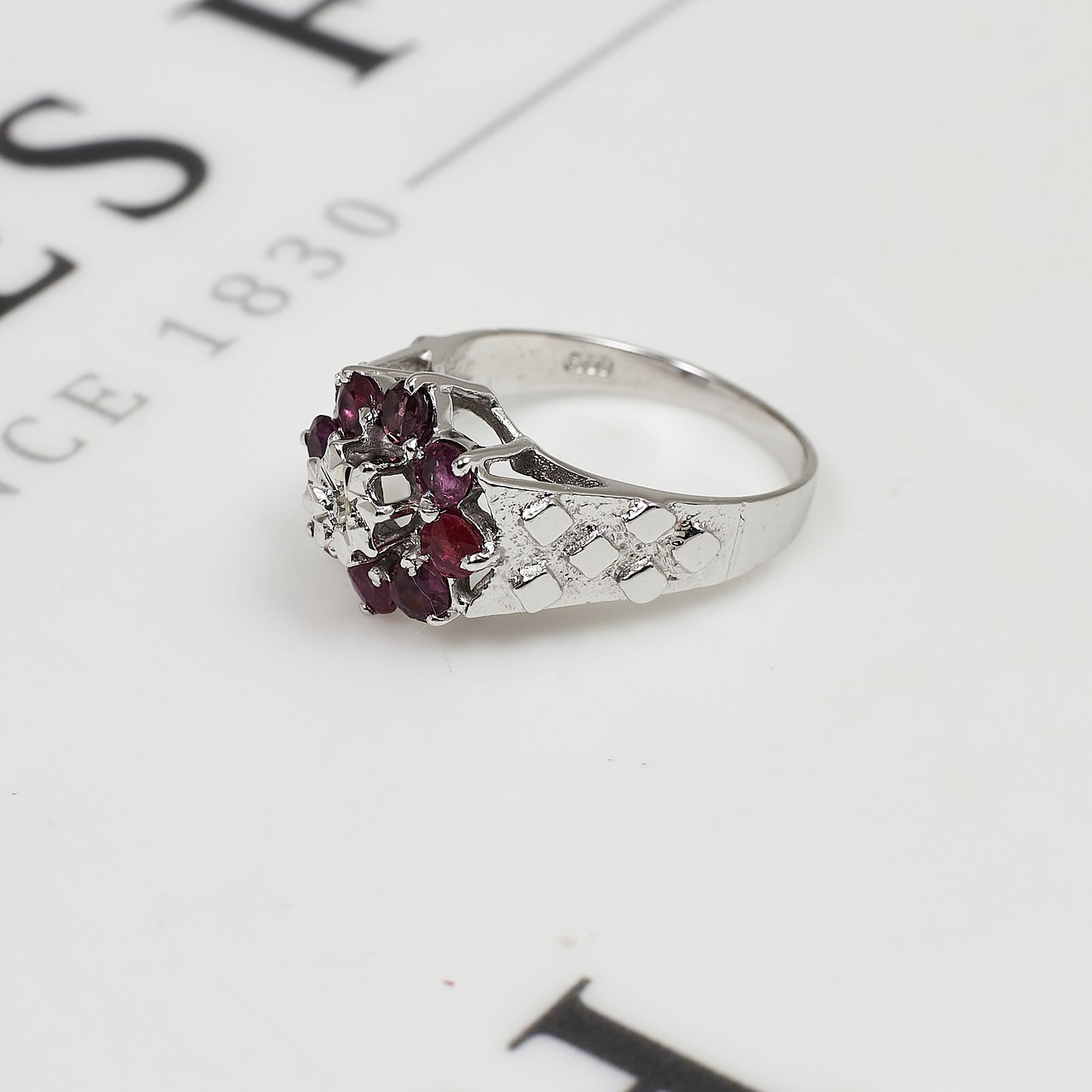 Pre-Owned 9ct White Gold Diamond & Ruby Cluster Ring Size O