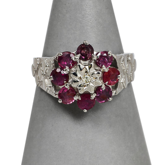 Pre-Owned 9ct White Gold Diamond & Ruby Cluster Ring Size O