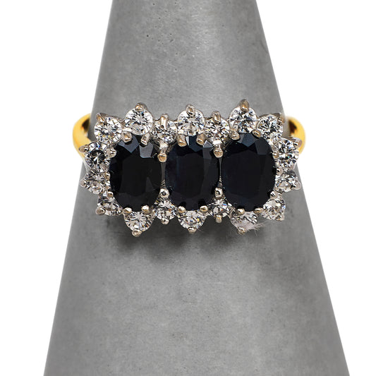 Pre-Owned 9ct Gold Sapphire & CZ Cluster Ring Size N
