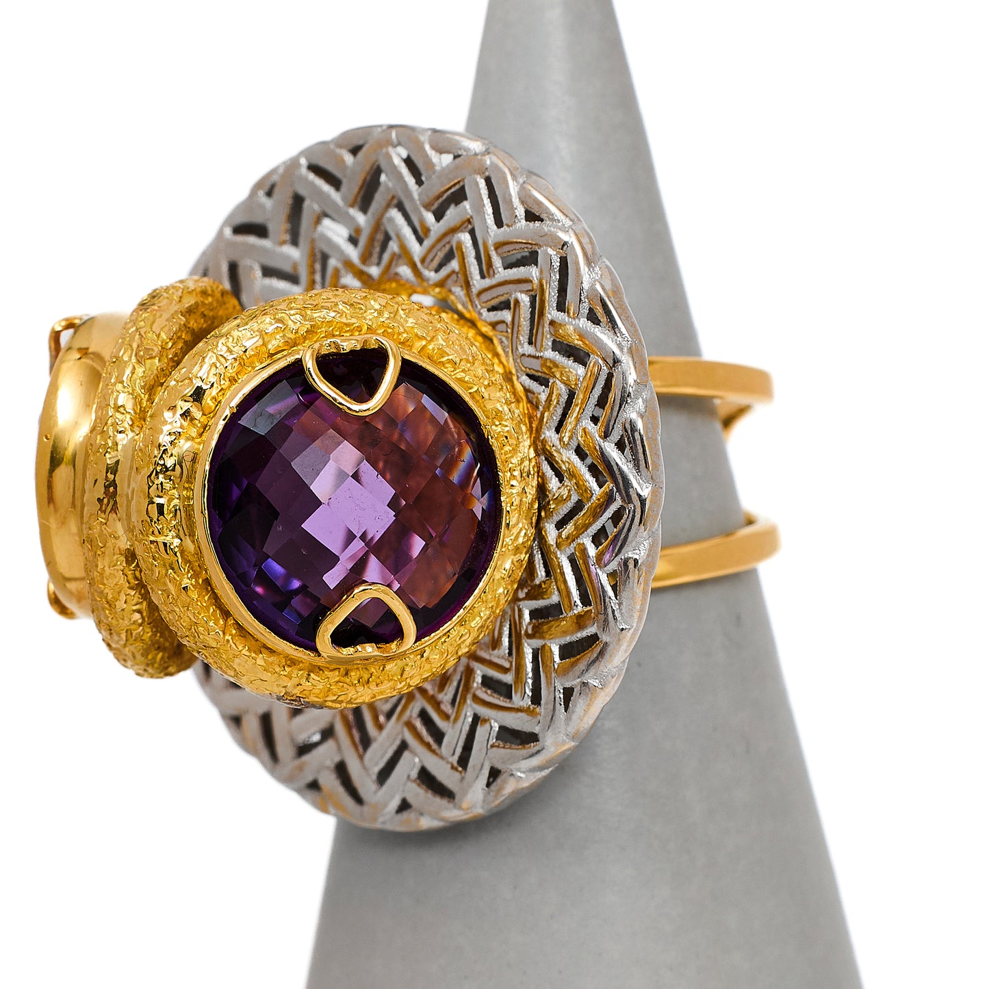 Pre-Owned 18ct Gold 2 Tone Amethyst & Quartz Art Ring Size R