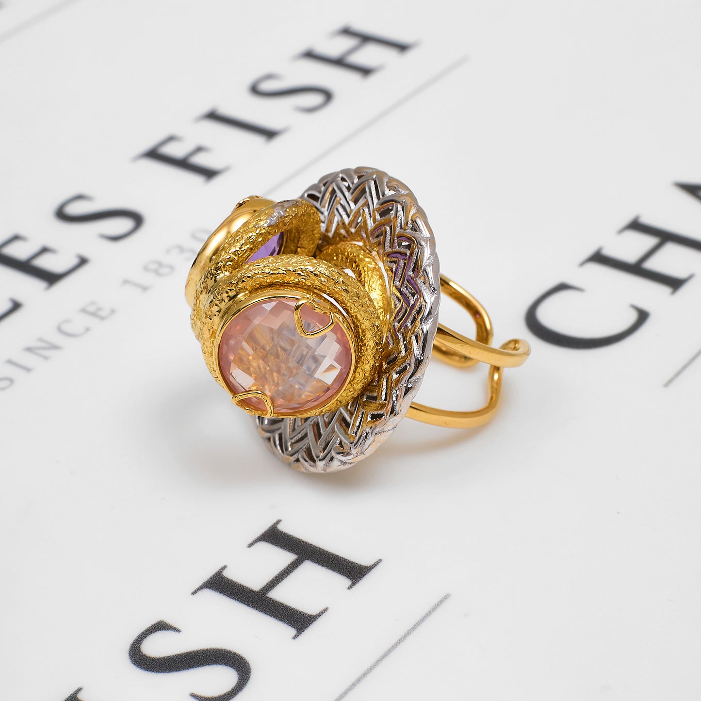 Pre-Owned 18ct Gold 2 Tone Amethyst & Quartz Art Ring Size R