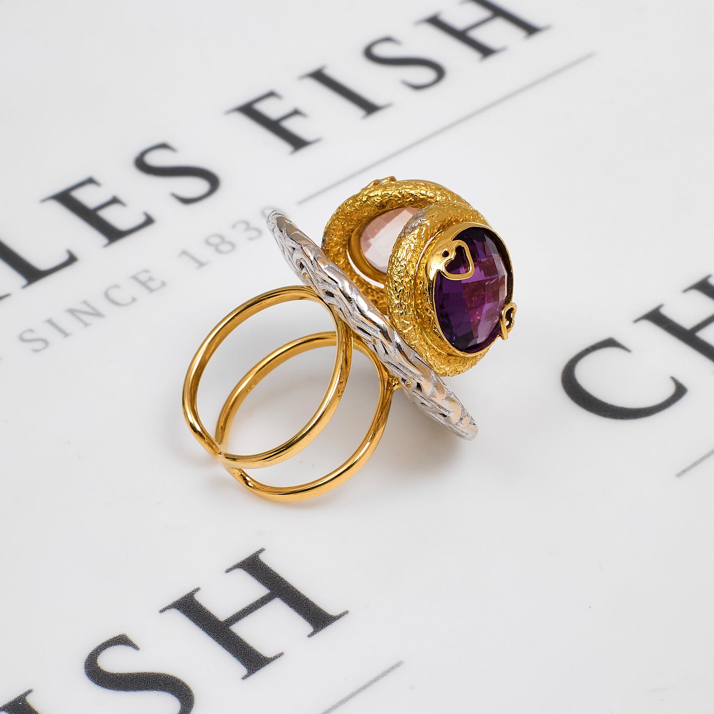 Pre-Owned 18ct Gold 2 Tone Amethyst & Quartz Art Ring Size R