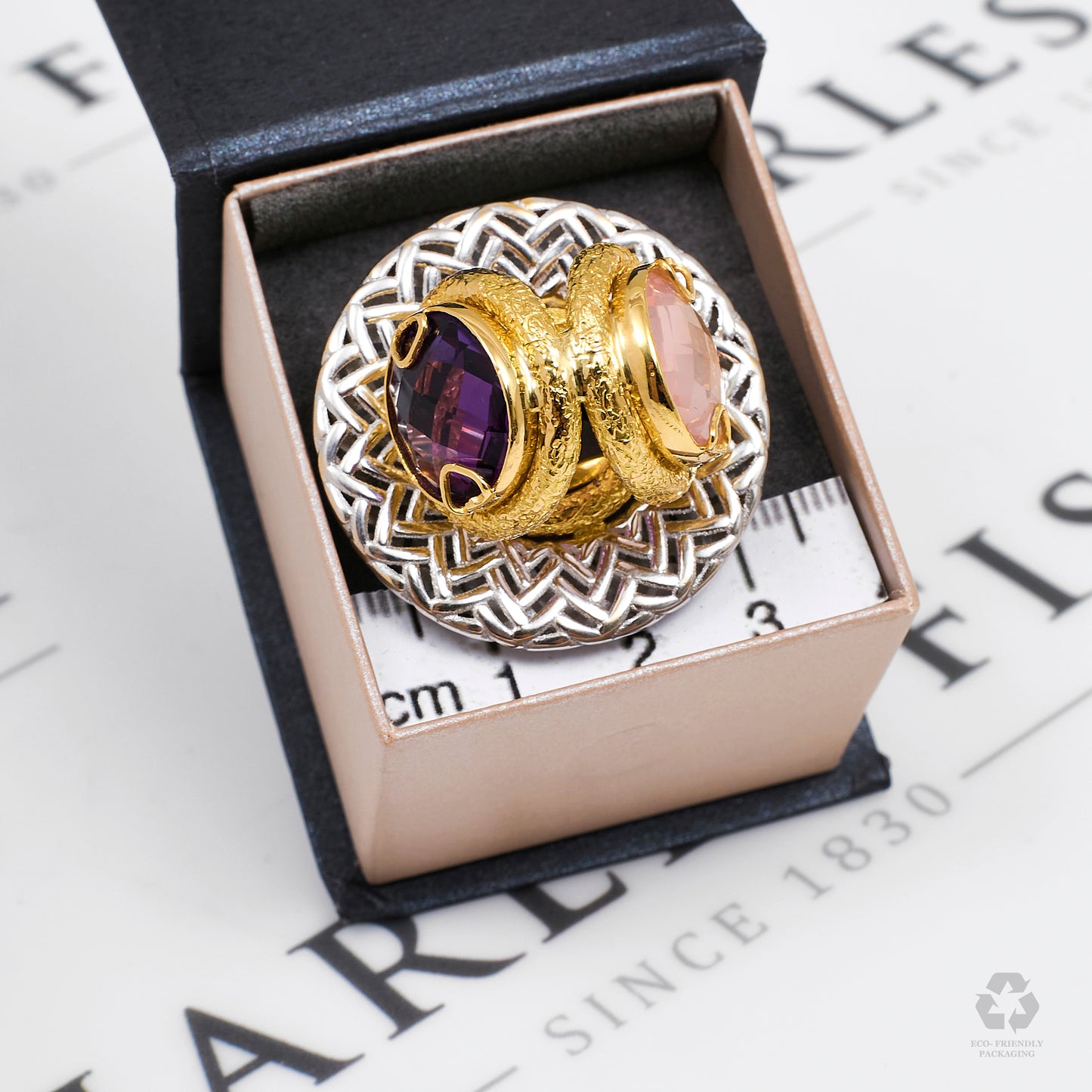 Pre-Owned 18ct Gold 2 Tone Amethyst & Quartz Art Ring Size R