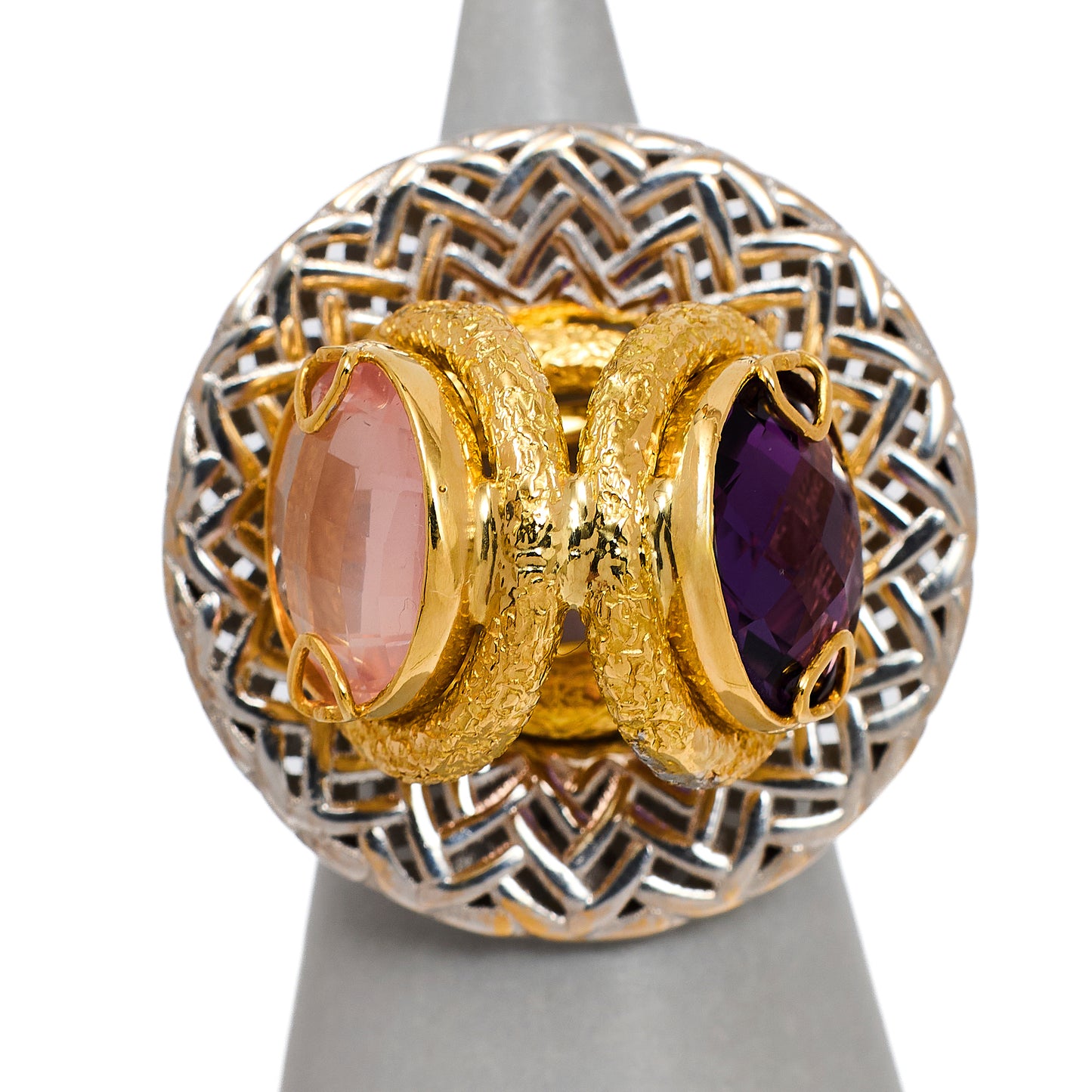 Pre-Owned 18ct Gold 2 Tone Amethyst & Quartz Art Ring Size R